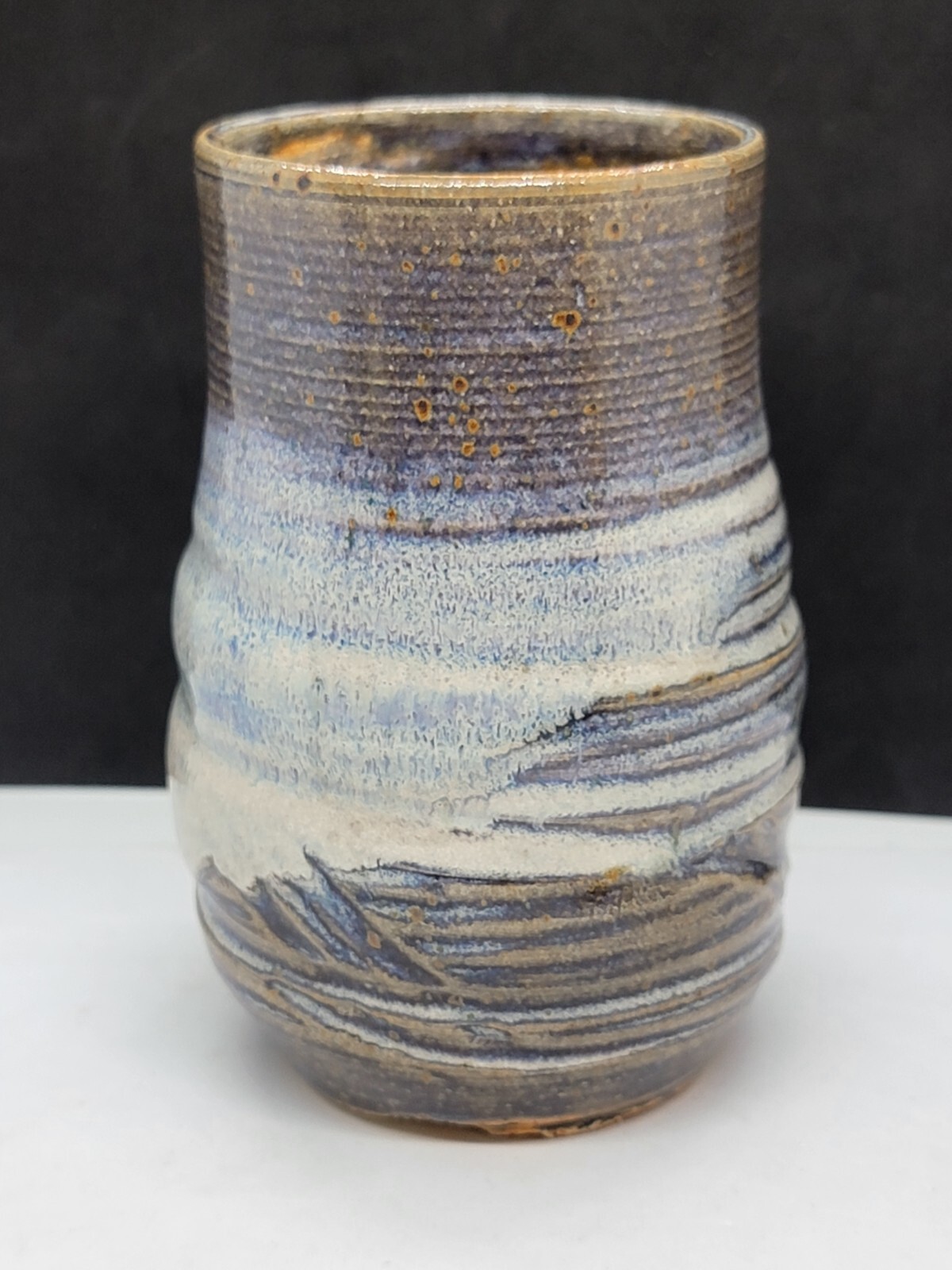 Studio Pottery Blue Gray Browns Vase Cup 4 5/8″
