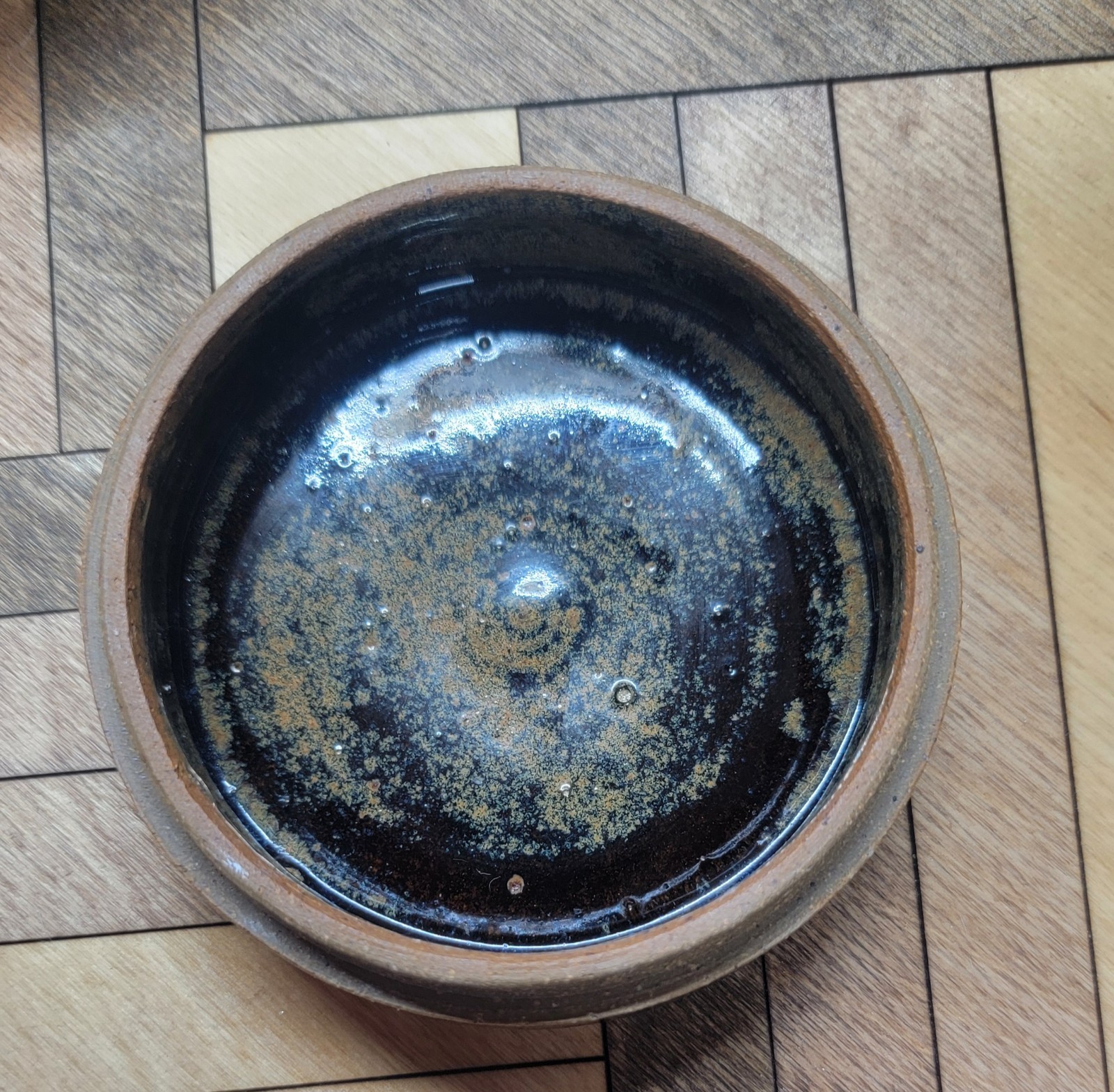 Domed Lid Art Pottery Round Trinket Box Signed Spices Black Beige Earthy Speckle