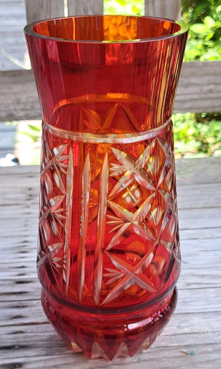 Bohemian Ruby Red Cut To Clear Crystal 8 Inch Vase Vintage