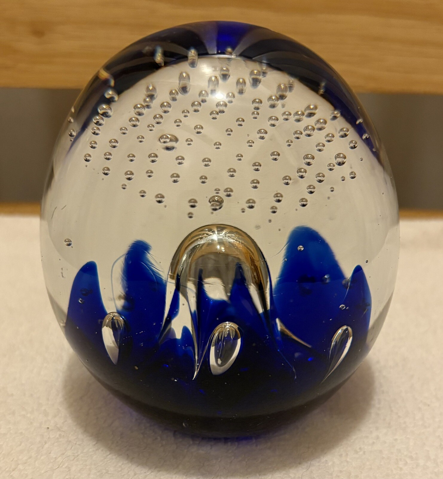 Cobalt Blue Ocean Waves Heavy Glass 3 1/2″ Paperweight with Bubbles 2 Pounds