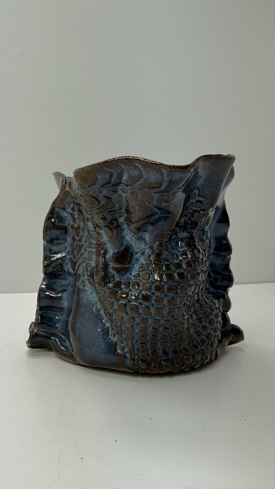 Studio Pottery Vase Blue Brown Reptile Textured Brutalist Art Ceramic SH9 DEB
