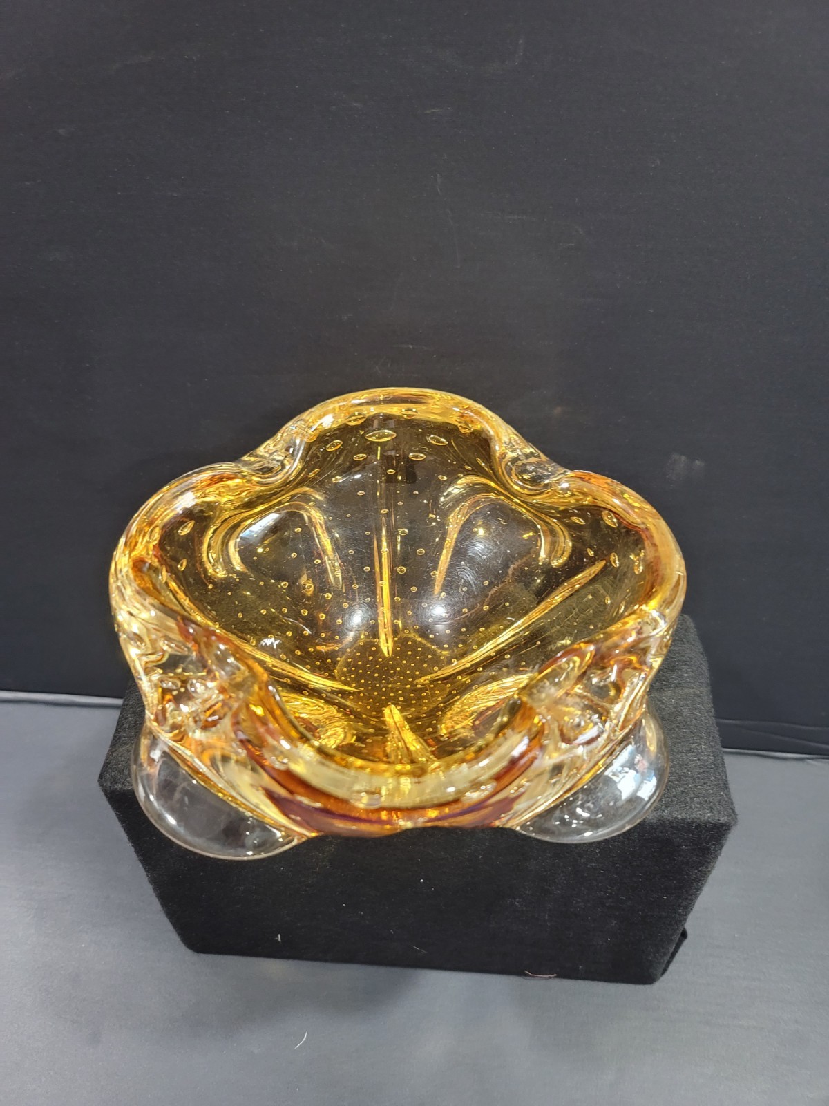 Vintage Murano Bullicante Controlled Bubble Art Glass Amber And Clear Ashtray