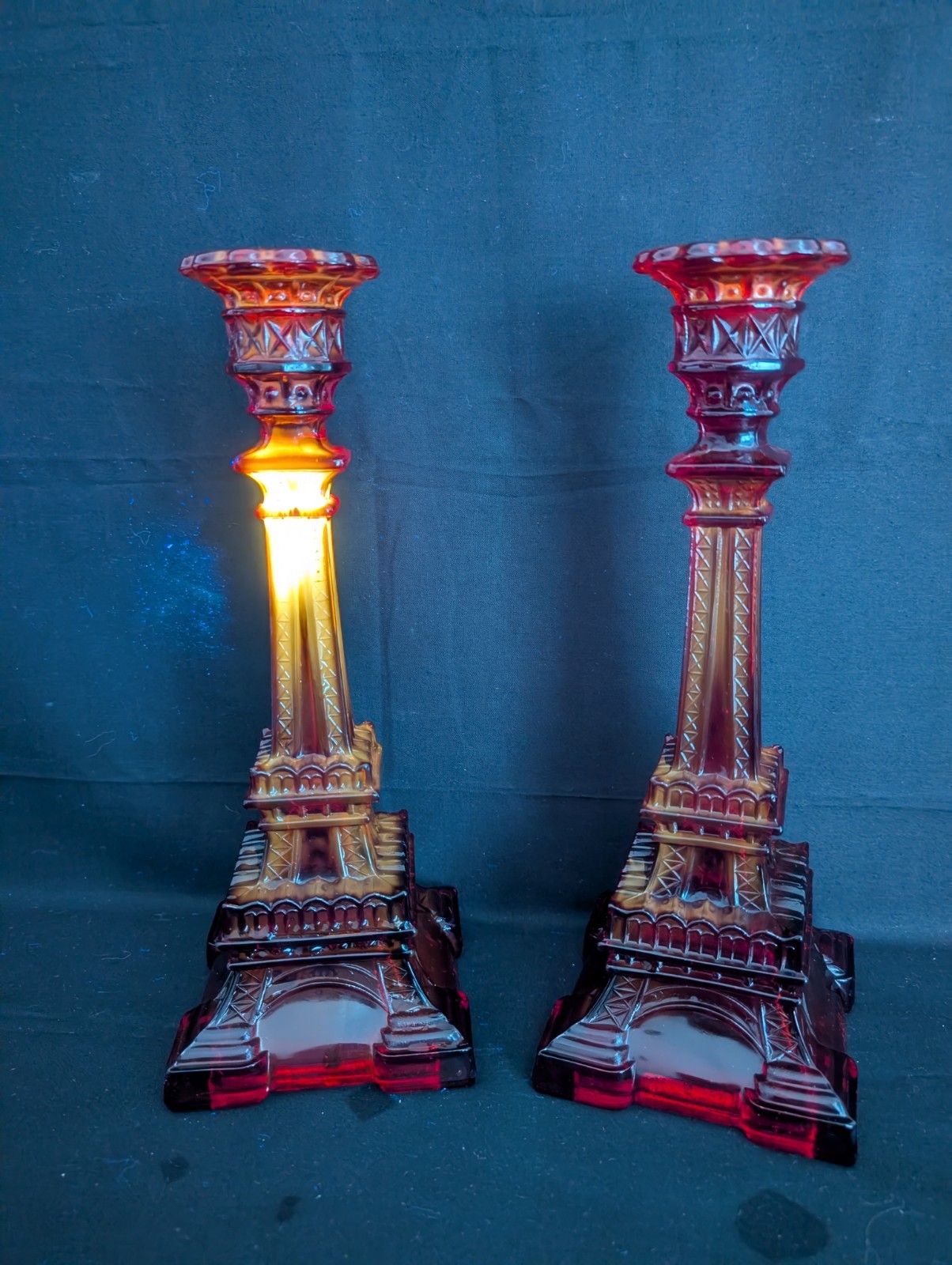 Vtg Pair of 11″ Amberina Glass Eiffel Tower Candlesticks UV Reactive Cadmium