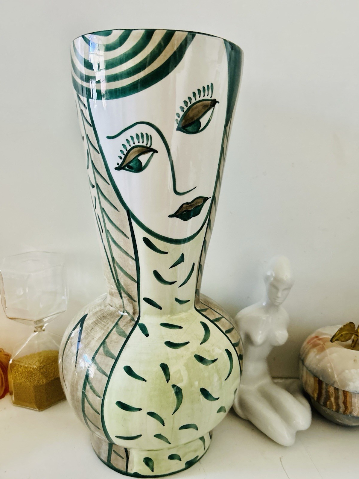Italian Figural Zanolli Lady Vase Hand Painted Green White Mid-Century Pottery