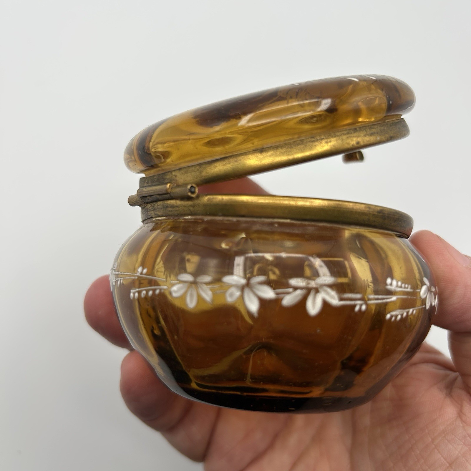 Antique Bohemian Enamel Glass Trinket Box Hinged Hand Painted Bird Motif c1900
