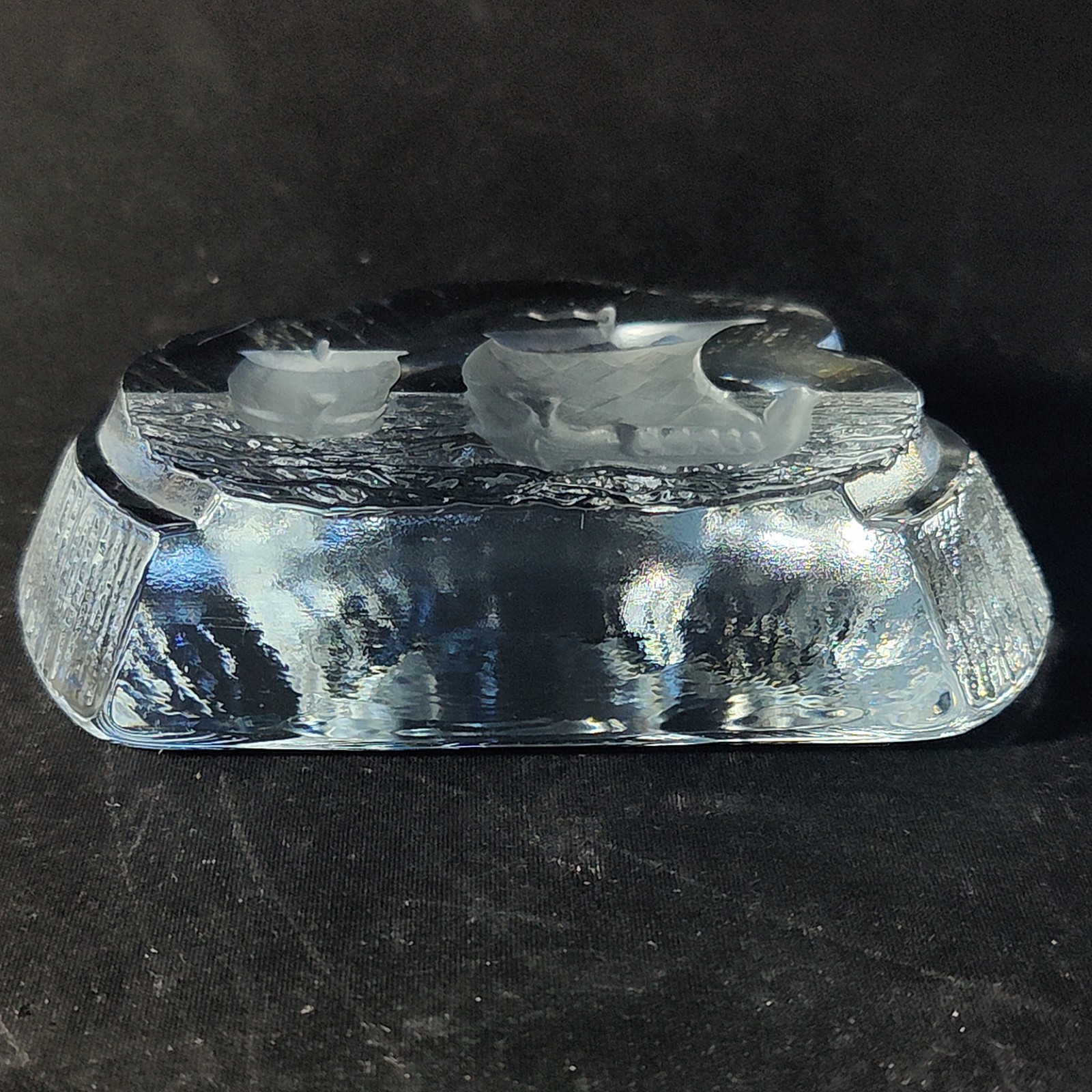 NYBRO VIKING SHIPS SCULPTURE, Intaglio Crystal, 5 1/4″, Sweden, SIGNED