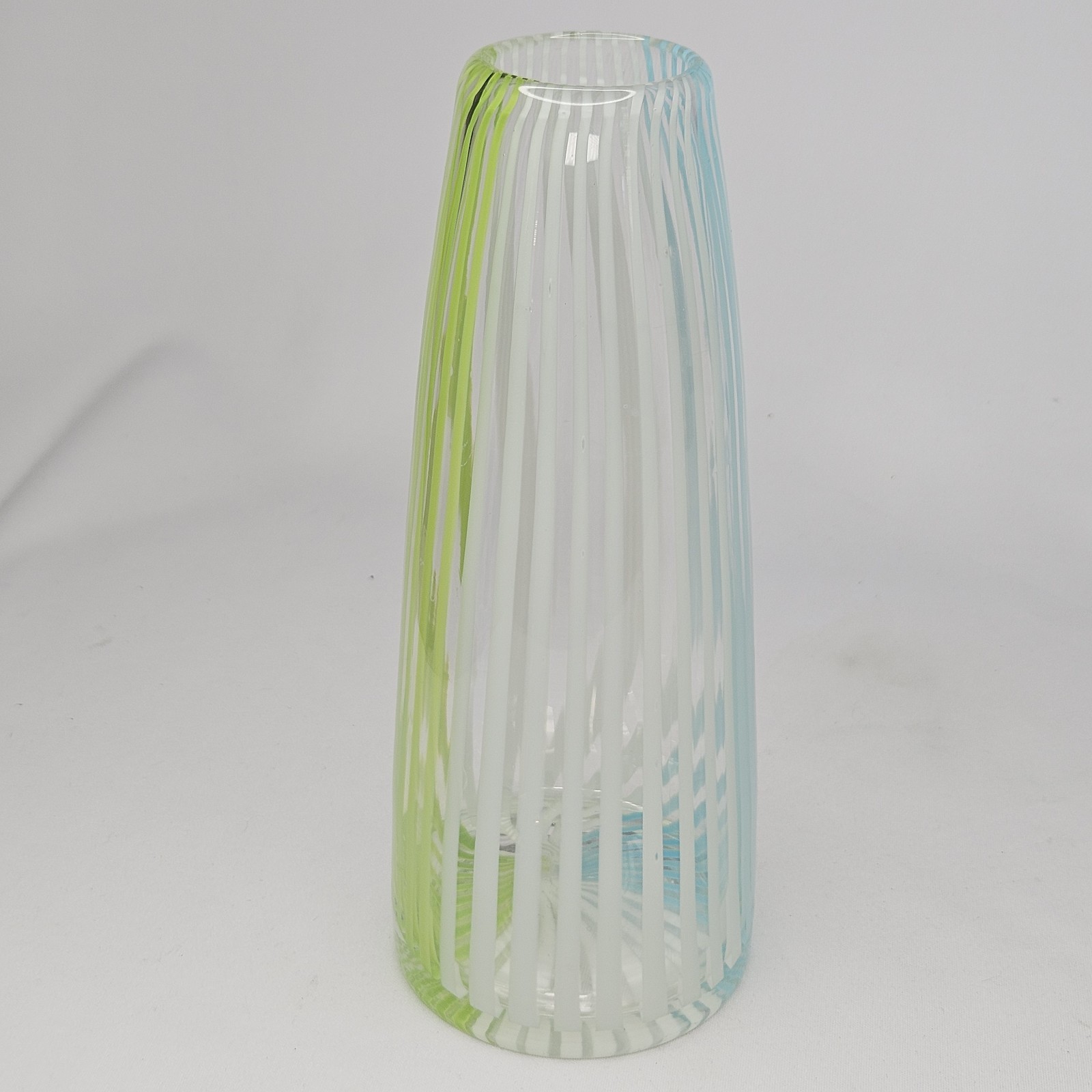 8.5″ Hand Blown Art Glass Vase – Blue White Green Stripe Swirl MCM Murano Style