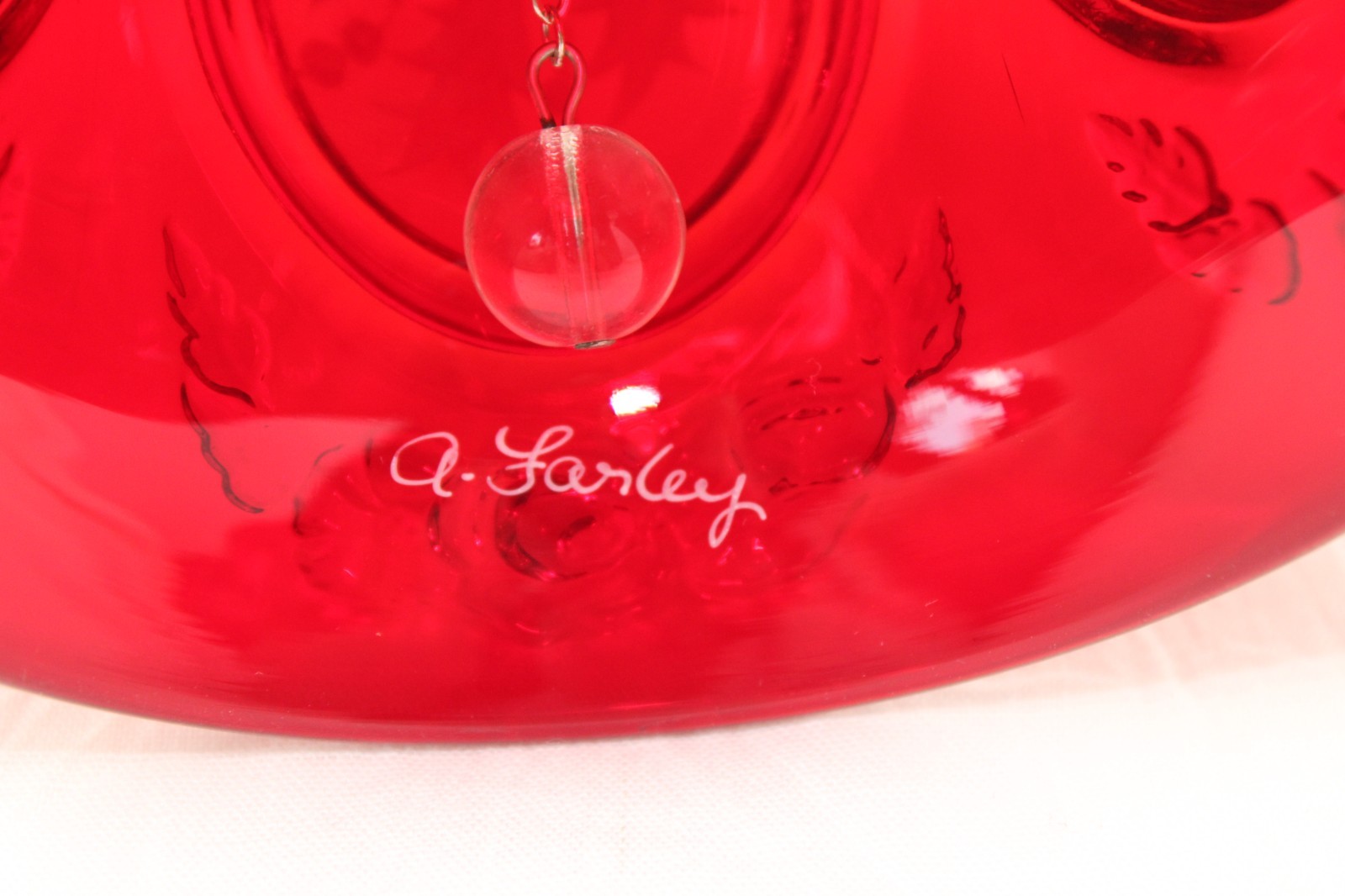 FENTON Ruby Red Iced White Holly Medallion Christmas Bell SIGNED, 6.75″ Tall EC