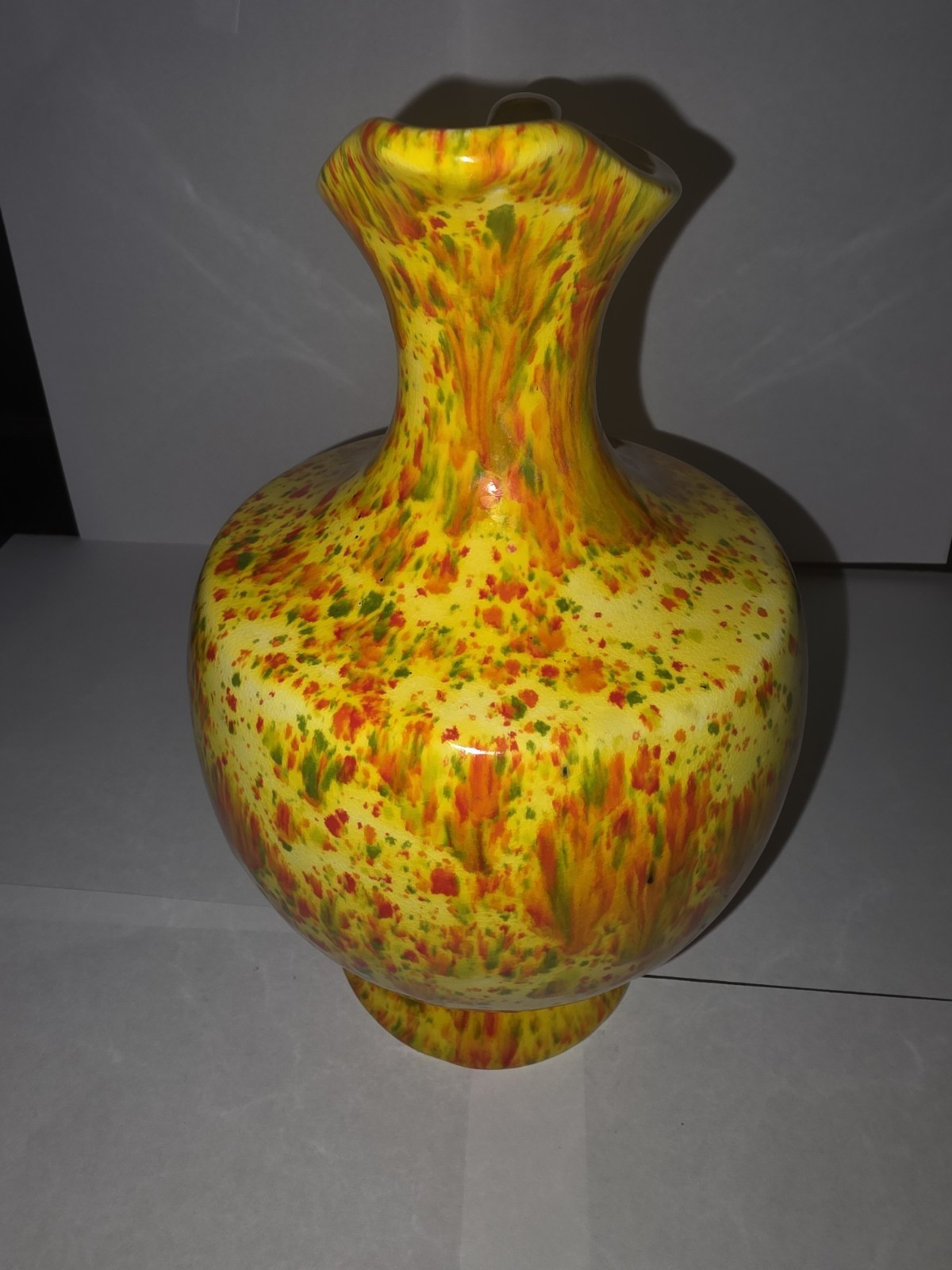 1981 Splatterware Orange Red Yellow and Green Drip Pitcher Vase. Signed