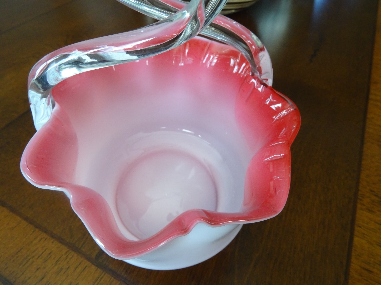 Antique C 1900 STOURBRIDGE Glass Cranberry Cased Twisted LOOP HANDLE BASKET
