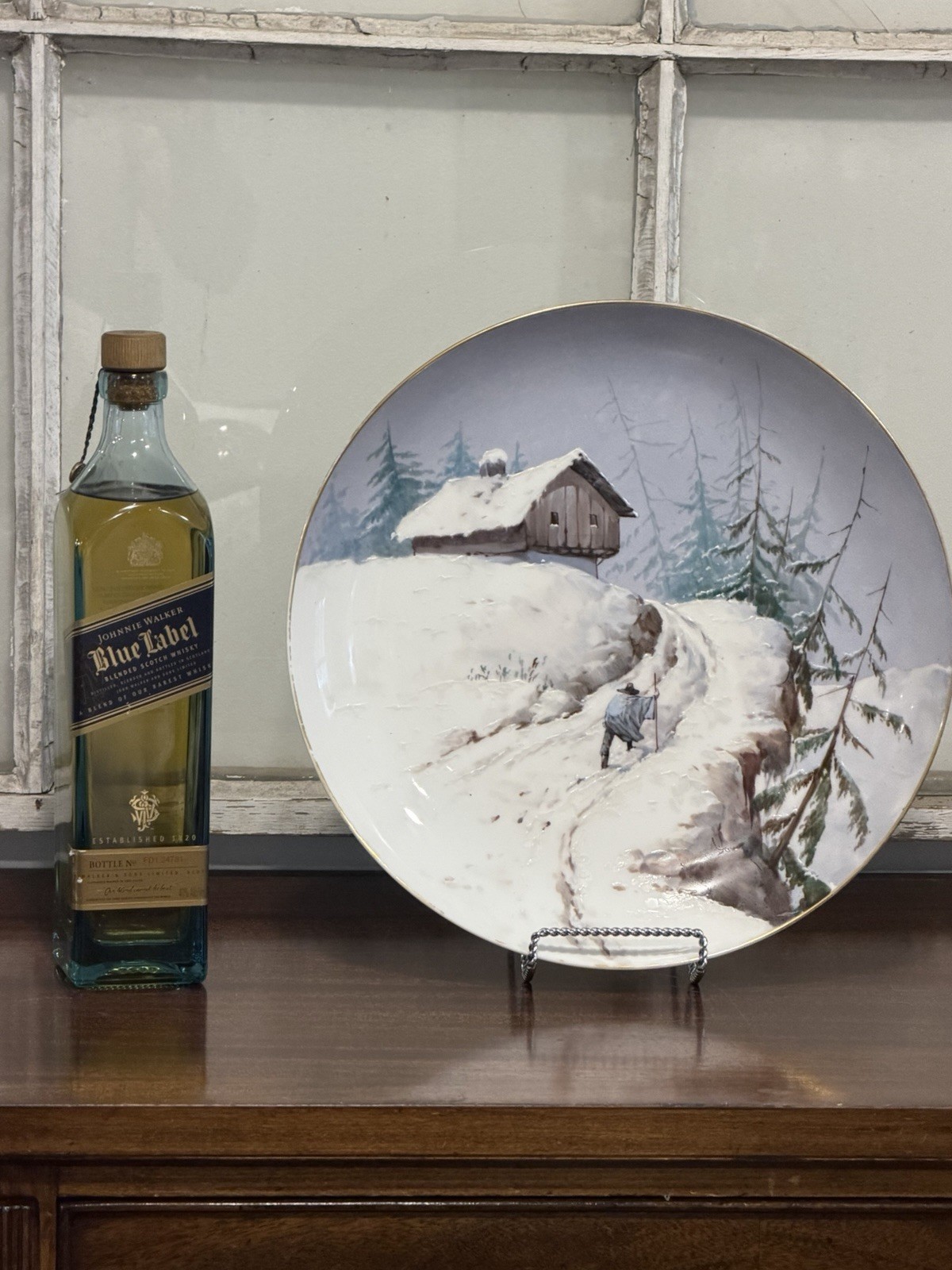 Vintage Hand Painted Continental Porcelain Charge Man Walking To Cabin In Snow