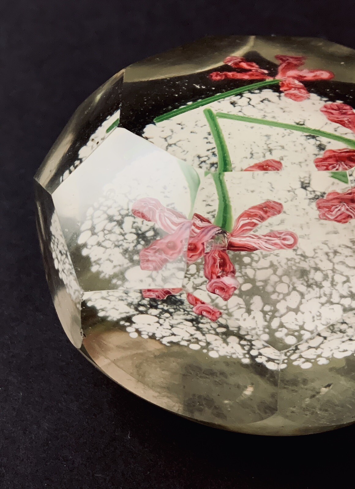 Art Glass Paperweight Czech Faceted, Pink Flowers with Green Stems Vintage