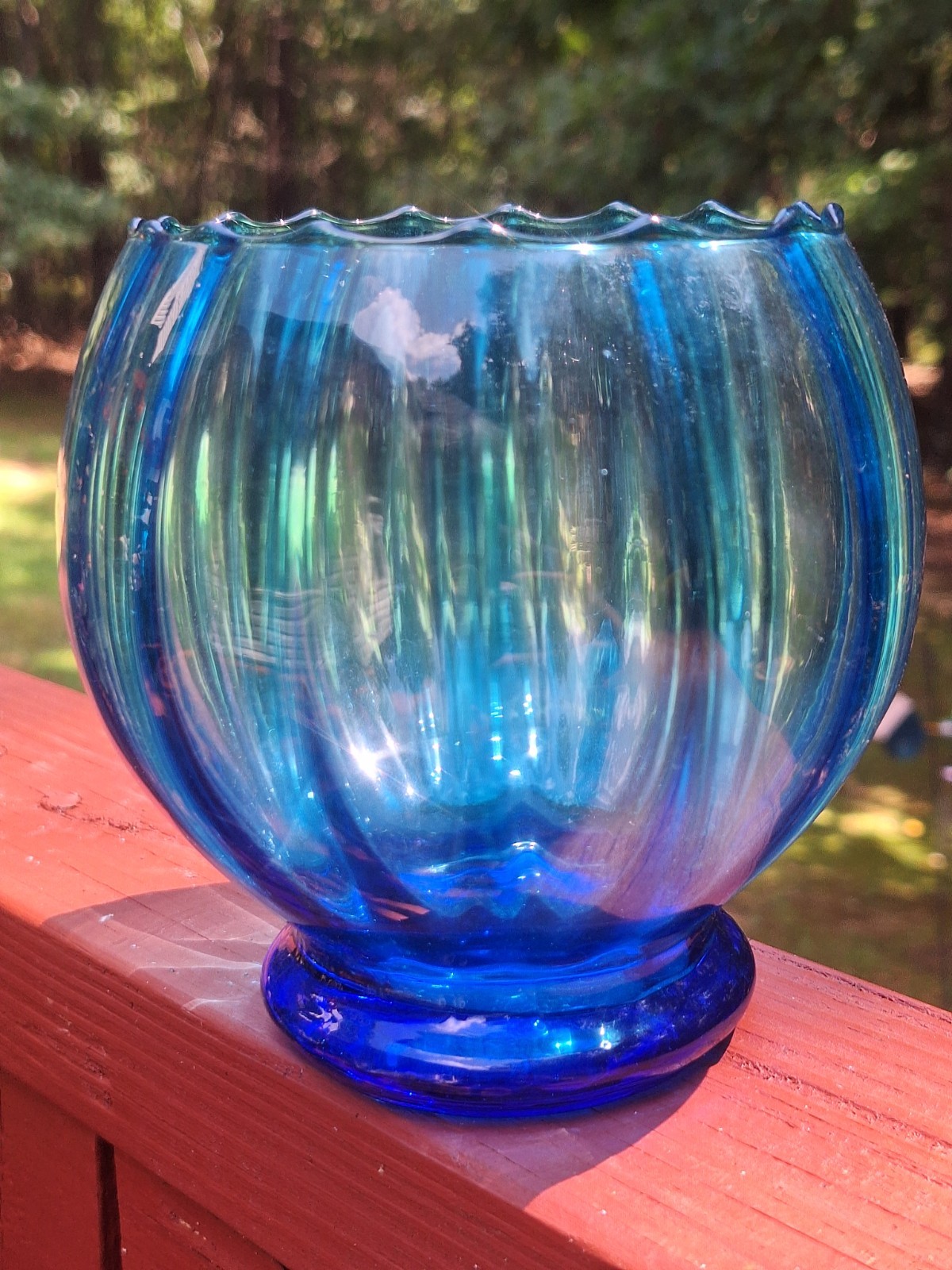 Vtg MCM Hand Blown Sapphire Blue Glass Optic Ribbed Rose Bowl Vase 1960s-1970s