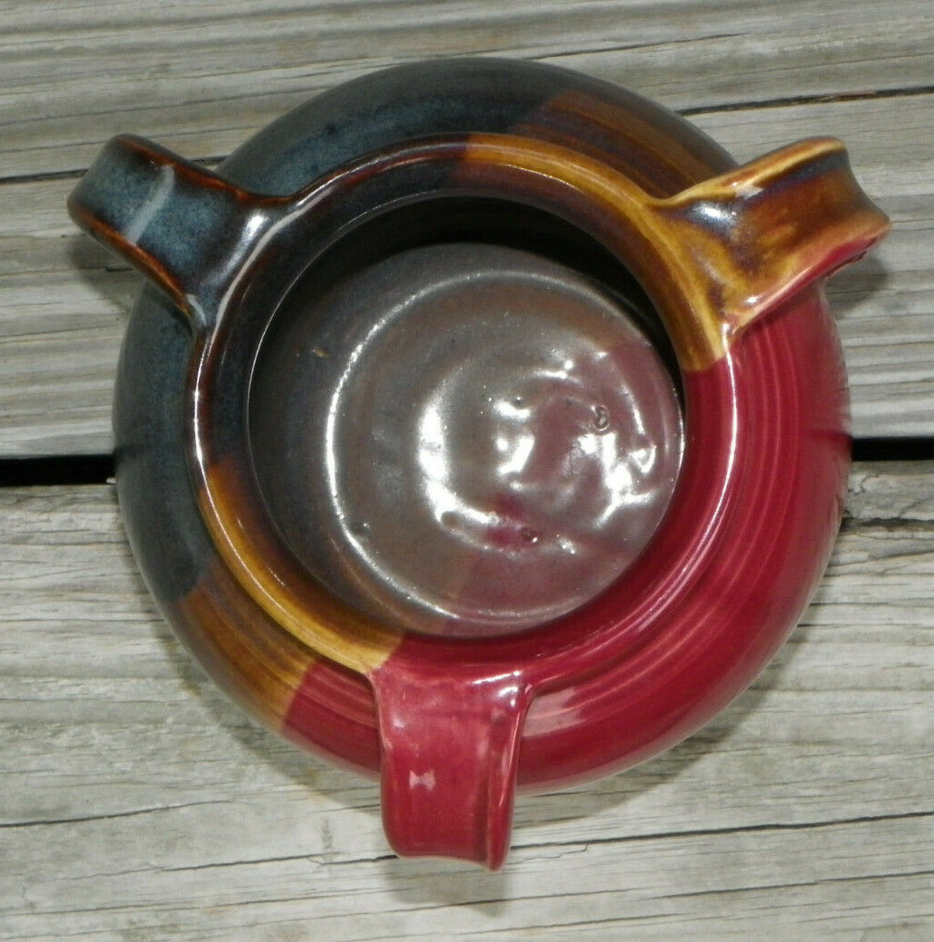 5 3/8″ Tri-Color 3-Handle Pottery Vase-Scored Band-M Screnock-Rust-Blue-Amber