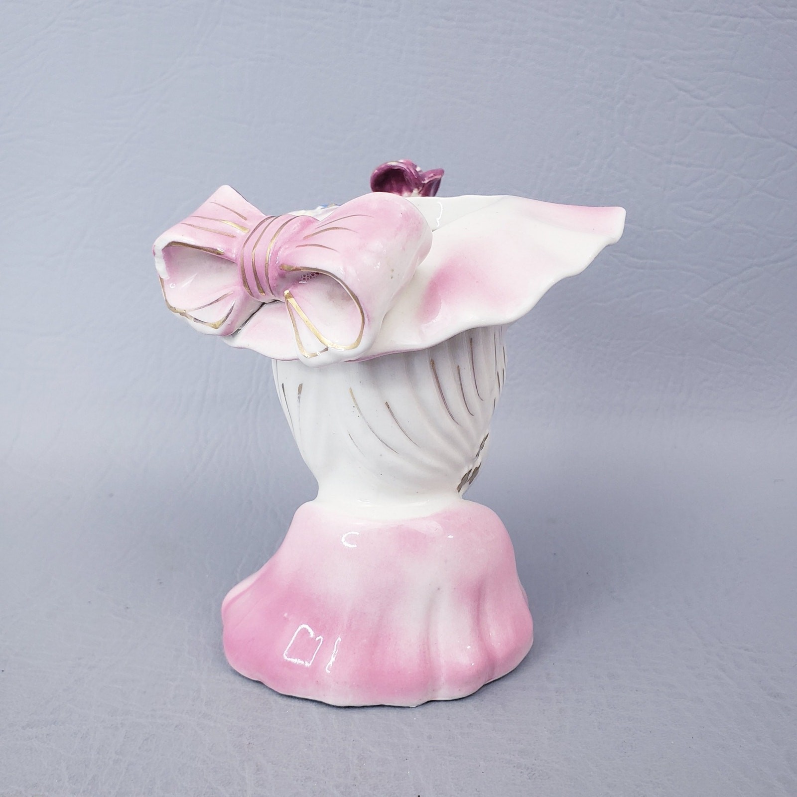 Vintage Lady Head Vase Pink Hat Dress Purple Roses White Hair Made in Japan
