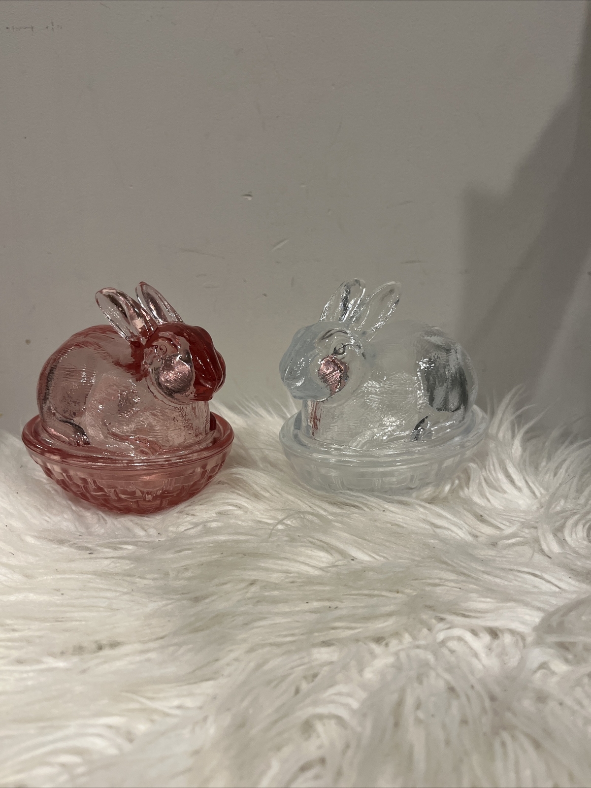 (2) Vintage Small Bunny Rabbits on Baskets – 1 Pink Glass & 1 Clear Glass 4.5”