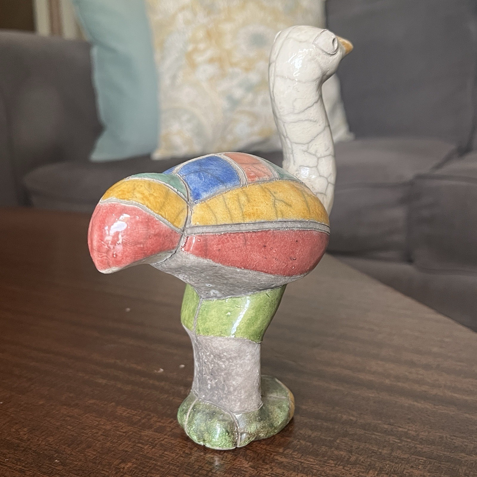 Vintage Raku Ostrich Figurine South Africa Vivid Glaze Colors Ceramic Pottery