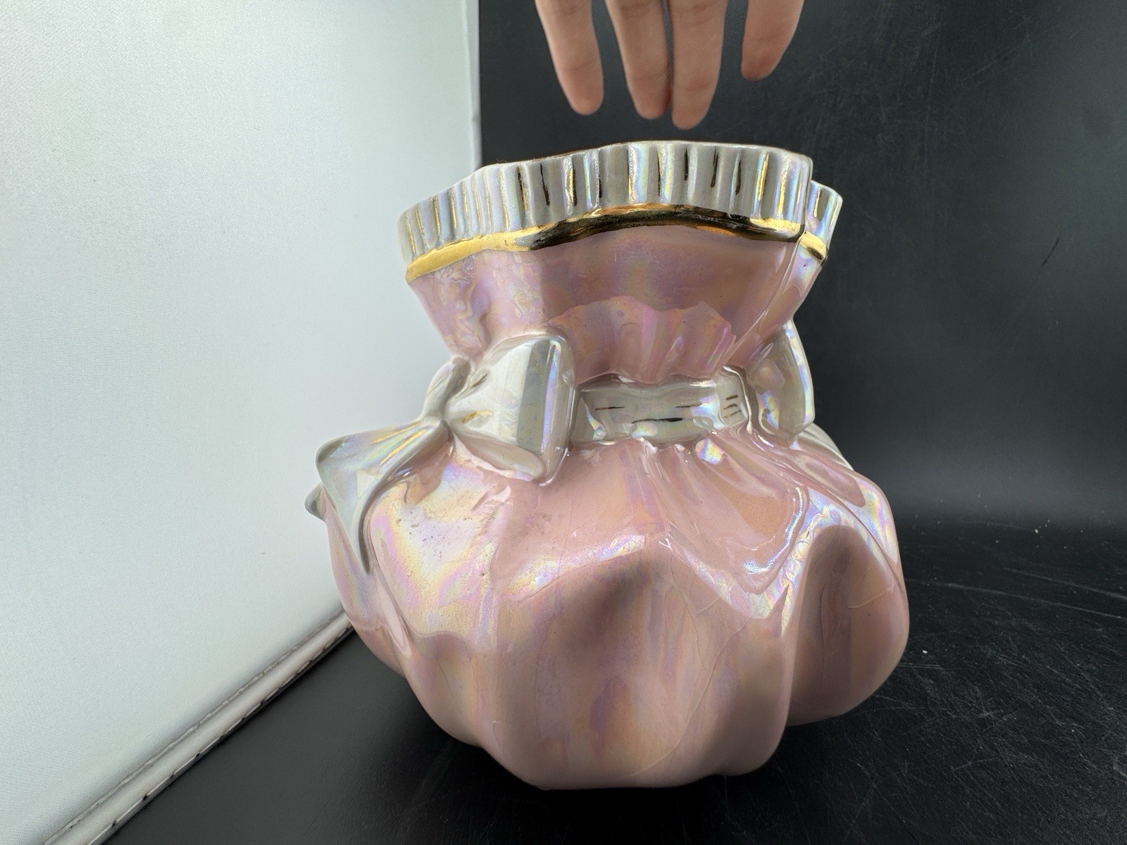 Vtg Holland Mold Style Vase Pink Ruffle Ceramic Hand Painted 1956 Signed