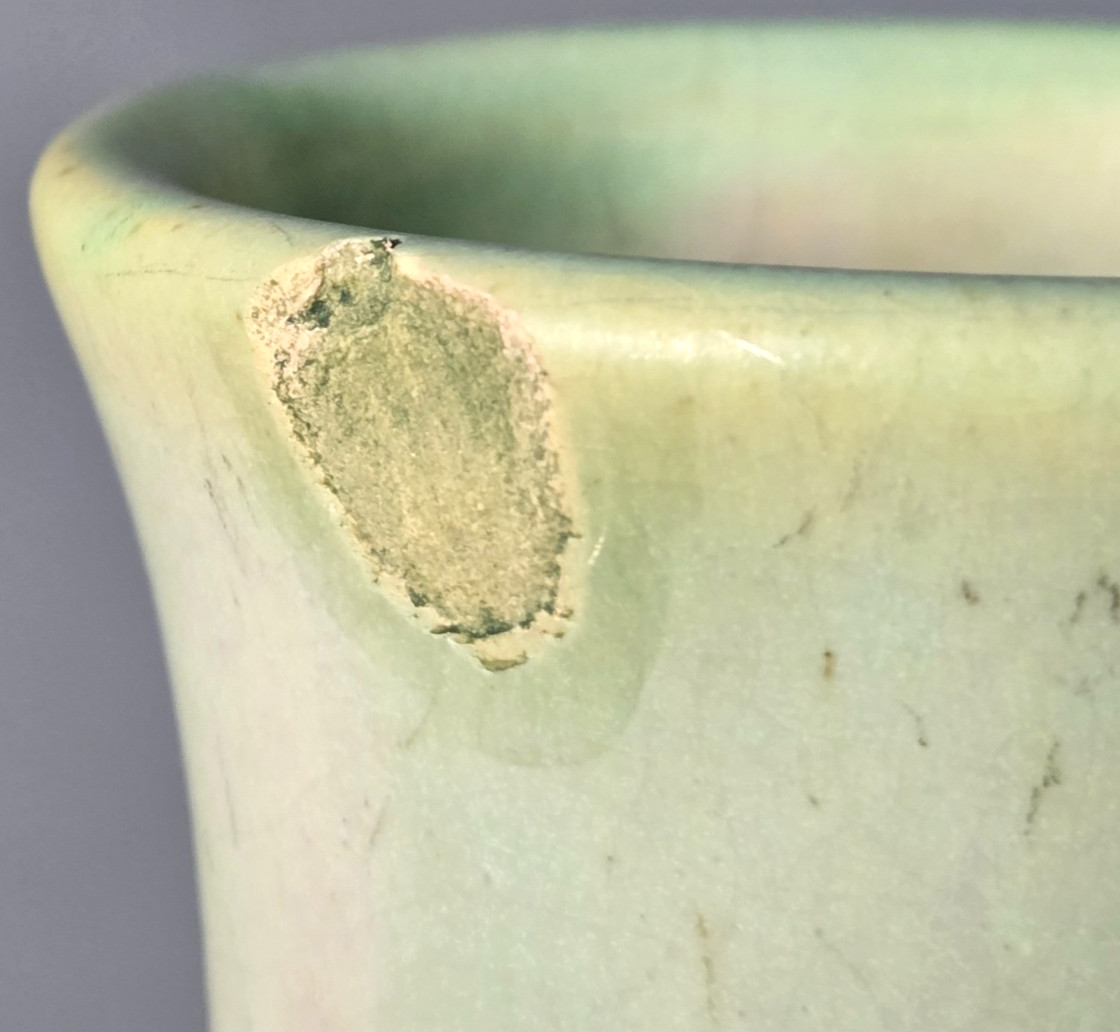 Muncie Pottery 11″ vase, shape #122, mauve and green, signed w edge chip