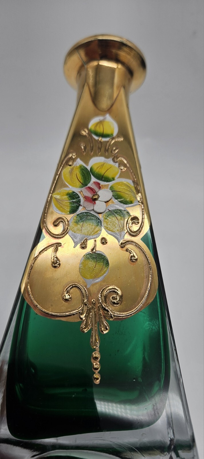 Venician Murano Glass Art Vase Emerald Green Gold Hand Painted Floral Bohemian