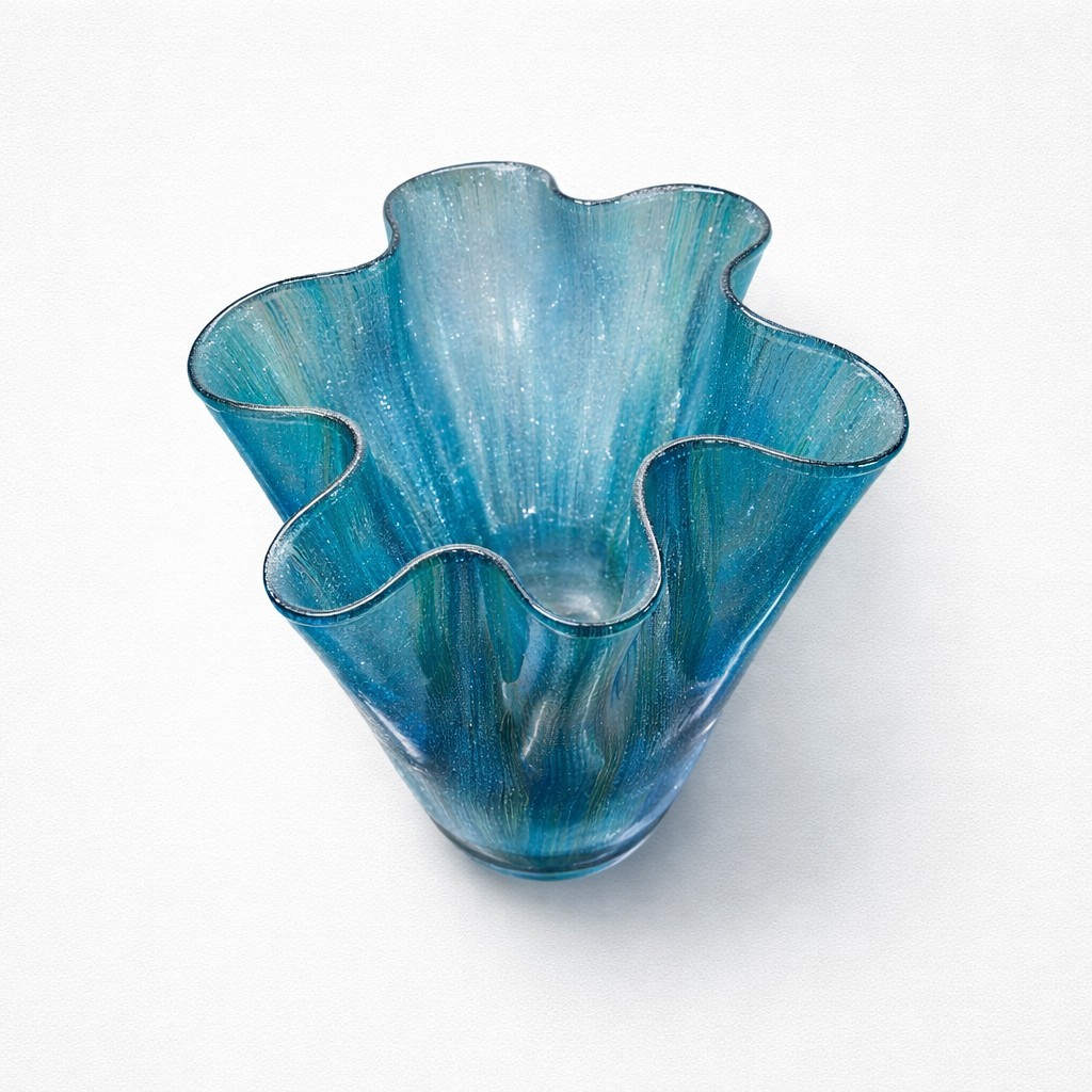 Studio Hand Blown Cobalt Blue Art Glass Vase – Handkerchief Ruffled Rim – MCM