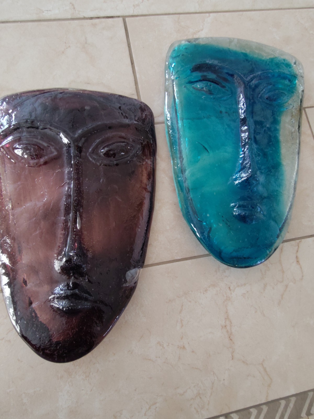 Vintage MCM Jaramillo Bros Mexico Glass Face Mask Sculptures Pair – 10″ On Stand
