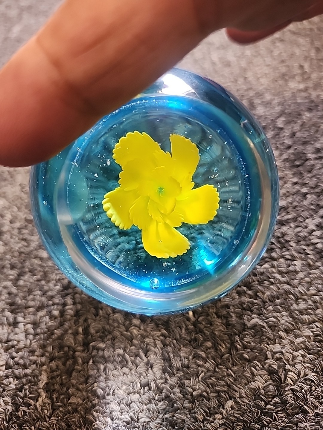 YellowWater Lily or Lotus Flower in Aqua Blue Water Glass Paperweight 2.25” Tall