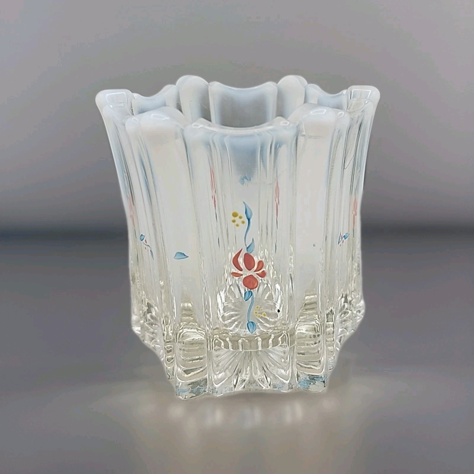 Fenton Vulcan Hand Painted Opalescent Rim Vase Signed Moonstone