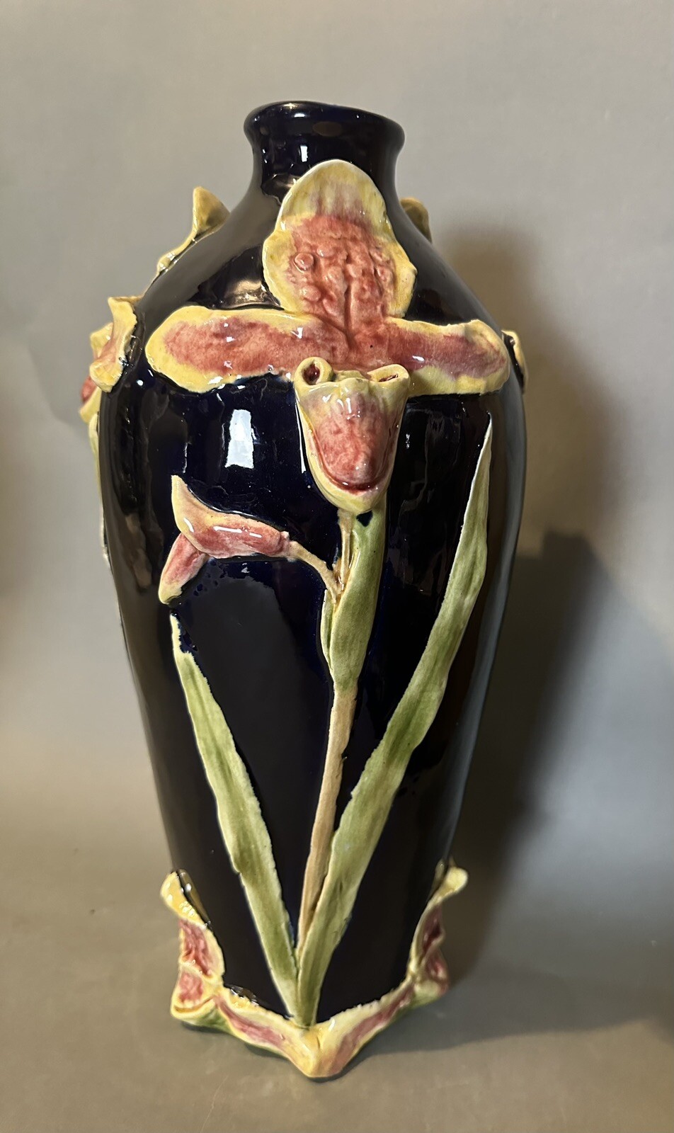 Antique Continental Majolica Floral Art Nouveau Cobalt Blue 13.5″ Pottery Vase