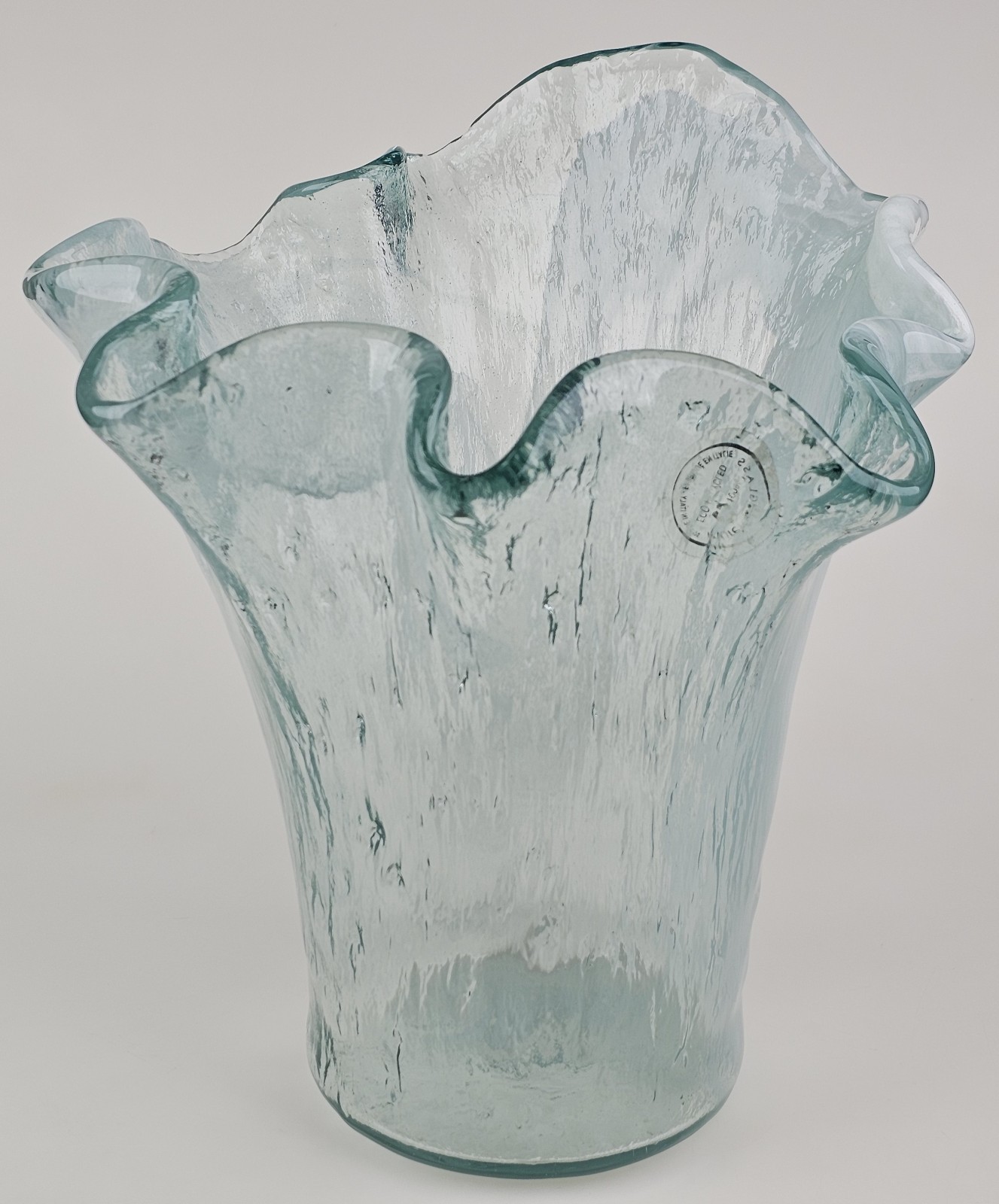 Murero Glass Aqua & White Large Handkerchief Vase or Luxury Trash Bin Italy 11″