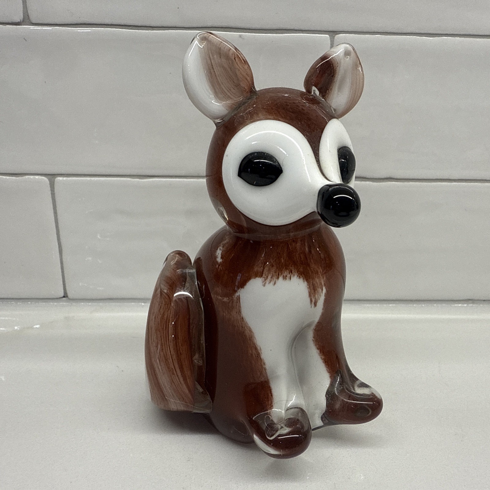 Hand Blown Art Glass Fox Figurine 4.75in Brown White Cute Woodland Decor