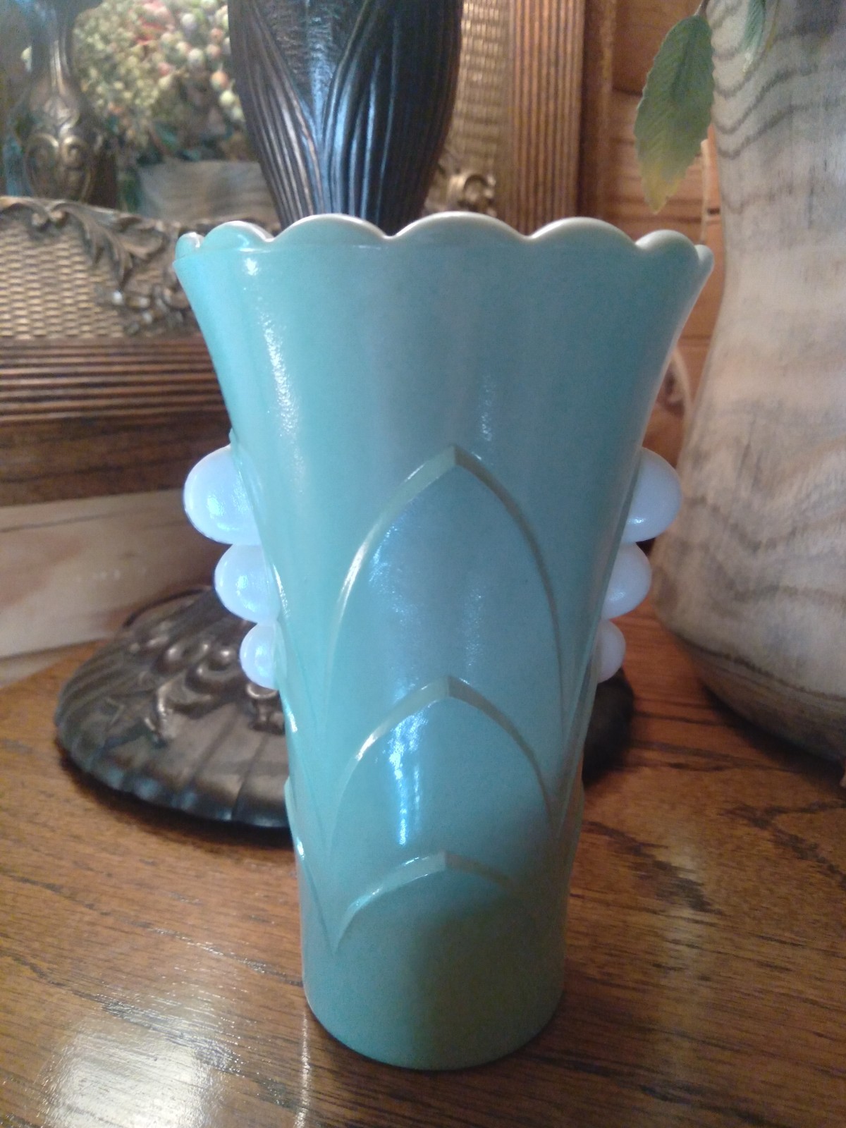 Anchor Hocking Fire-King Jadeite Green & White Vitrock Deco Vase~Glows~1930’s