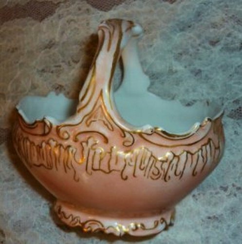 Antique Limoges Pink and Gold Fancy Handled Sugar Basket Green Stamp