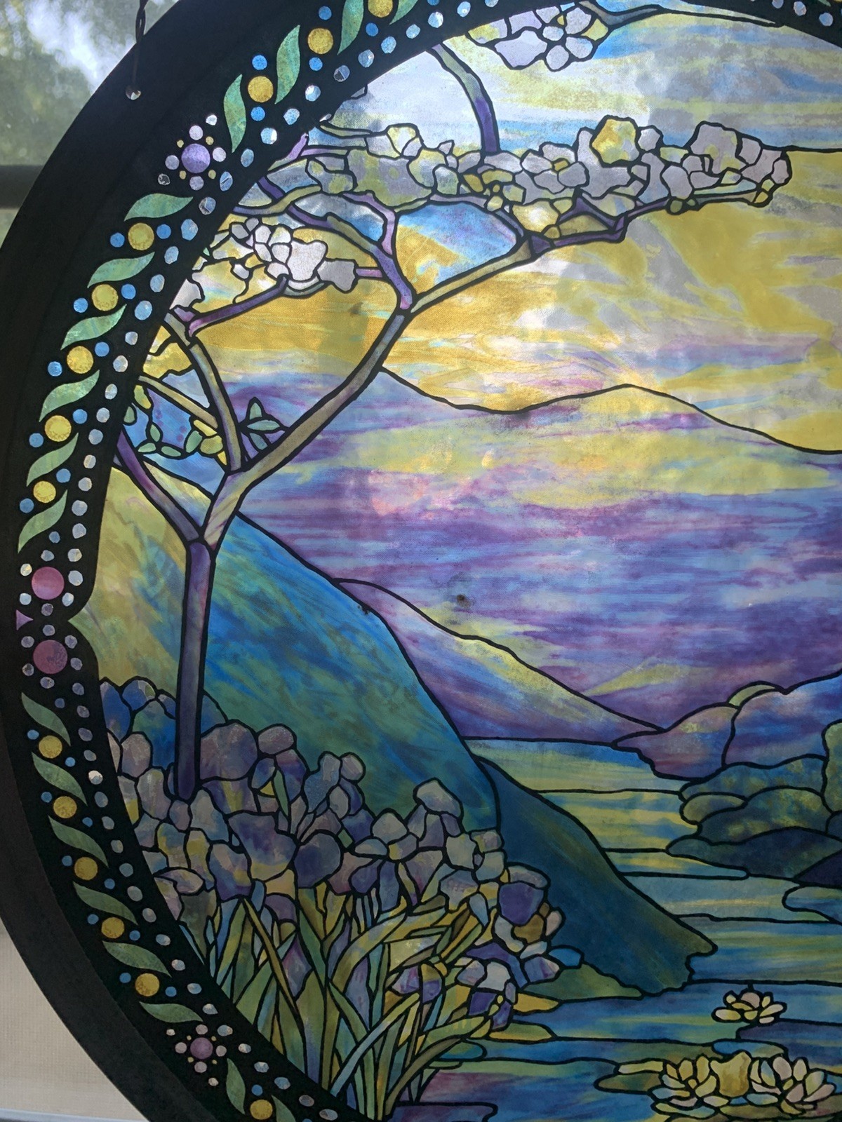 Vintage Stained Glass Landscape Lilies Louis C. Tiffany Oval Shape Glassmasters