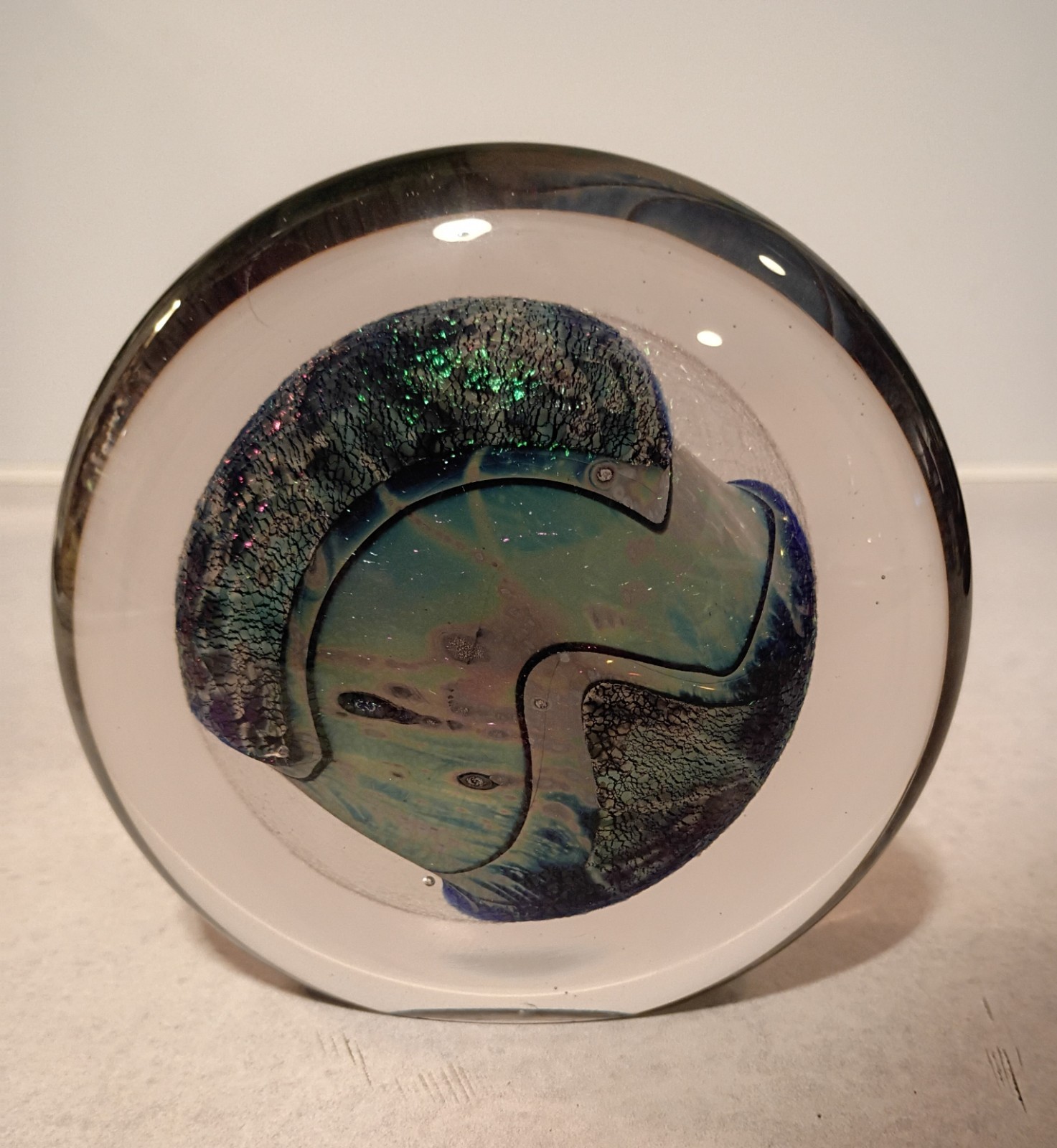 1988 Signed Robert Eickholt Winding River Glitter 5″ Art Glass Disc Paperweight
