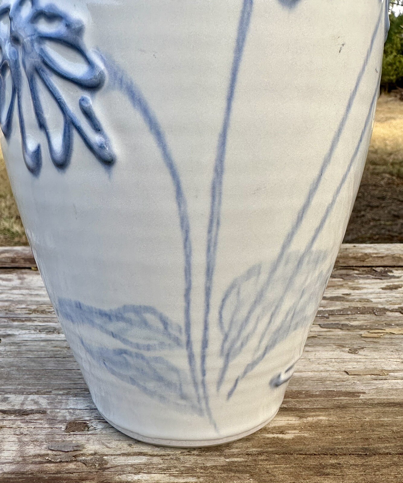 Studio Art Pottery Vase Raised Blue Flowers Cream Glaze Abstract Signed 8.75 in