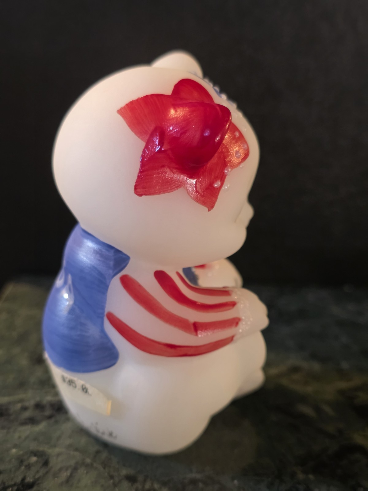 Fenton 2001 Sitting Bear Patriotic Stars and Stripes White Satin Glass Signed