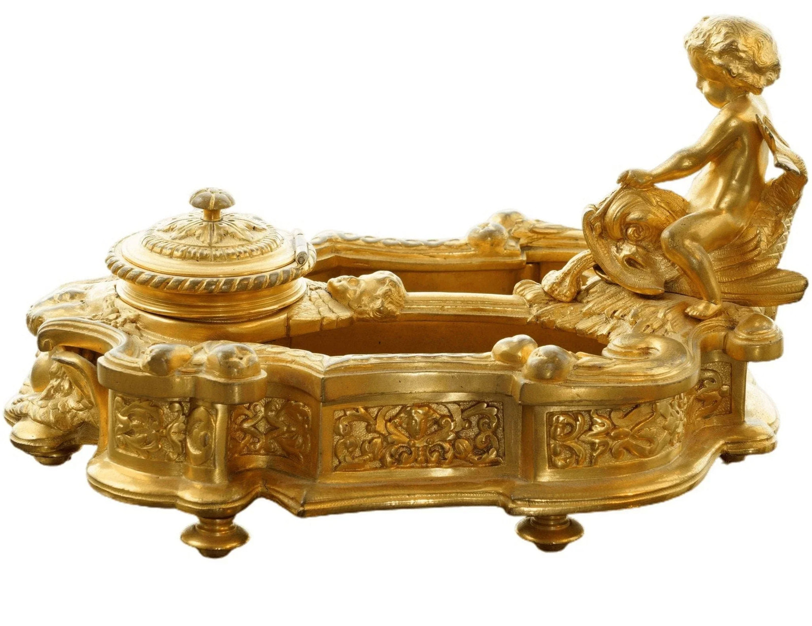 c1850 French Gilt Bronze Inkwell Putto on Fish, over the top