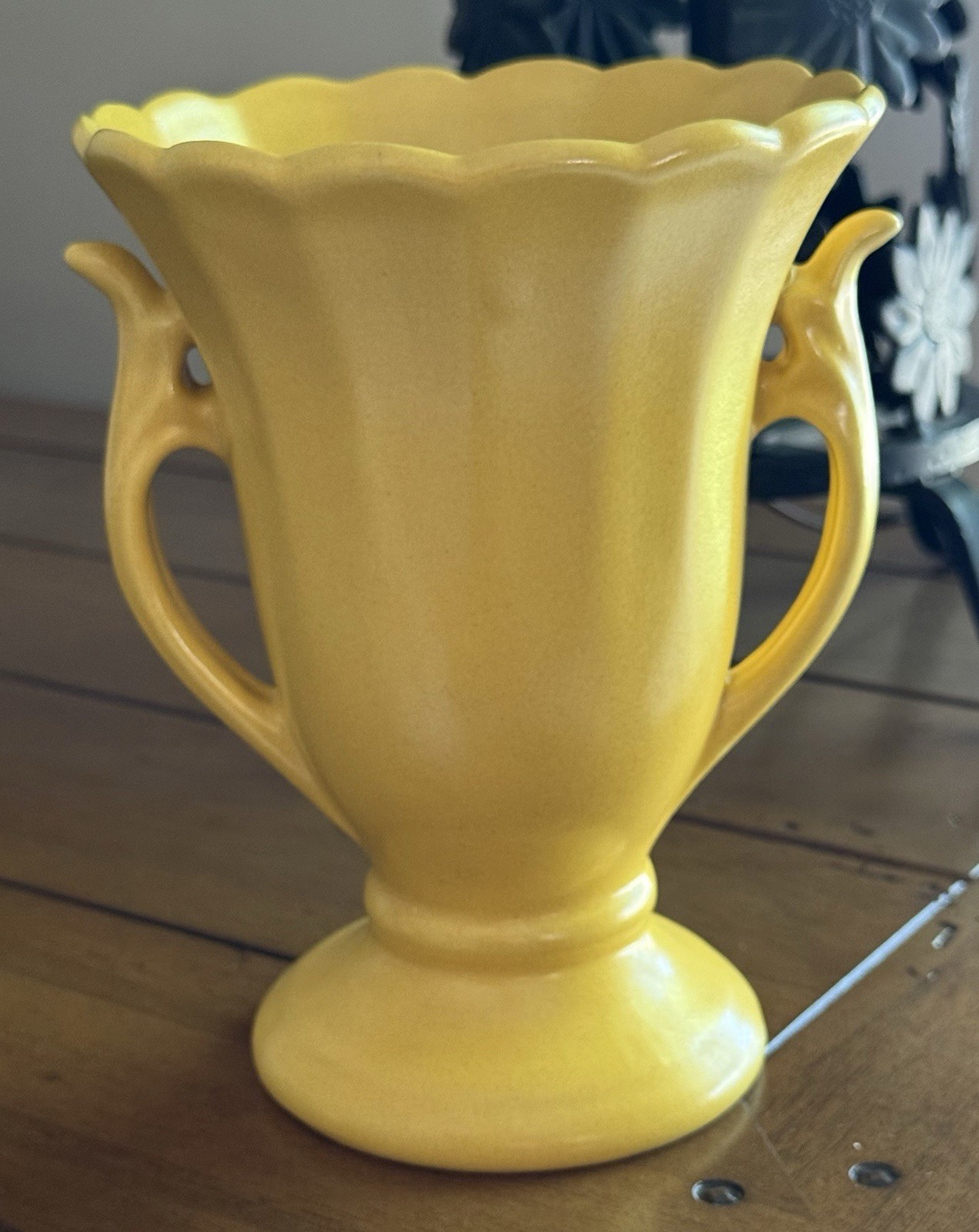 Vintage Daffodil Yellow Ceramic Pottery Trophy Shaped Vase w/ Handles