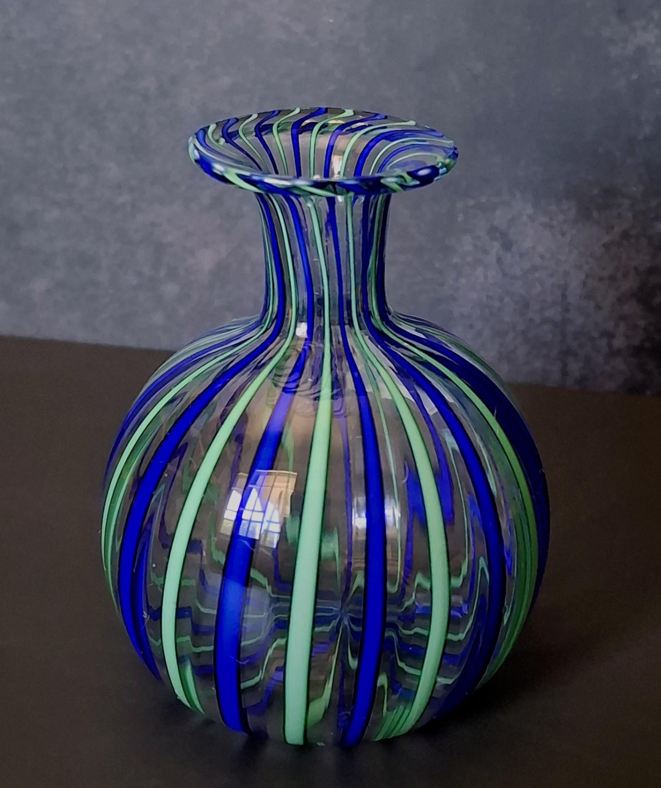Vintage Venetian Murano Blue & Green Striped Vase Perfume Bottle Miniature