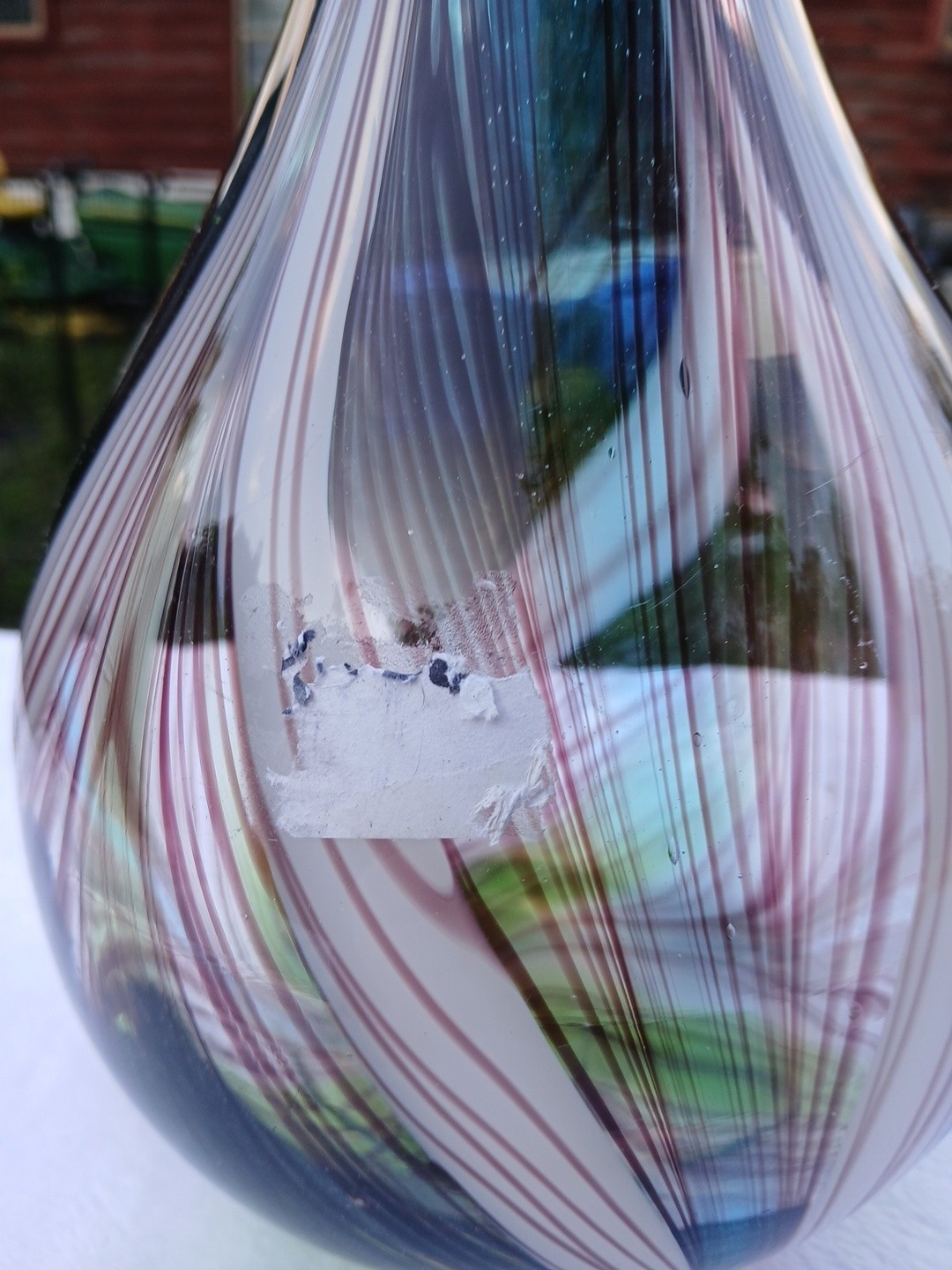 Murano style hand blown art glass vase blue purple white and green 13.5in