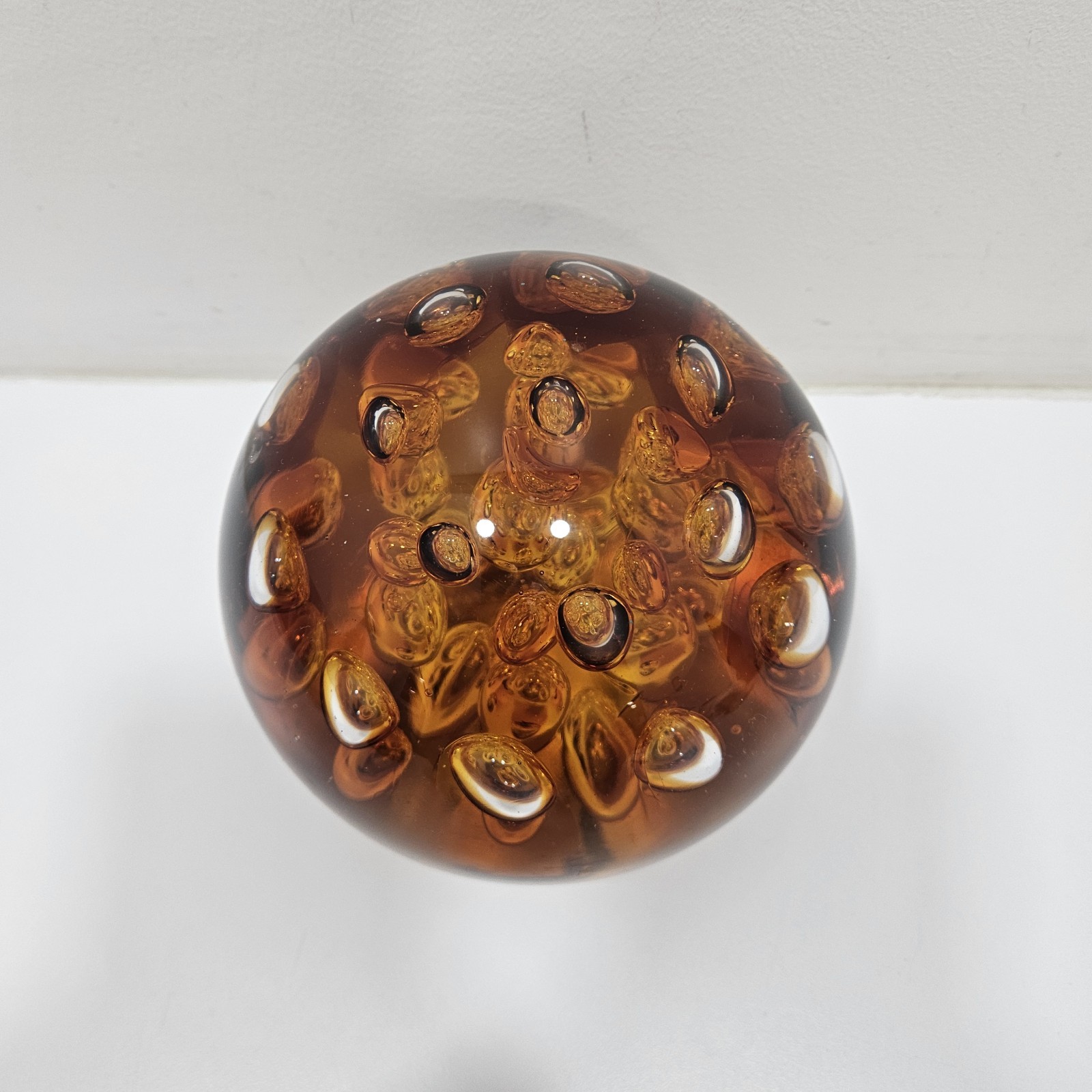 Paper Weight About 7lbs, 5” Round Orb Amber Gold Orange Large Controlled Bubbles