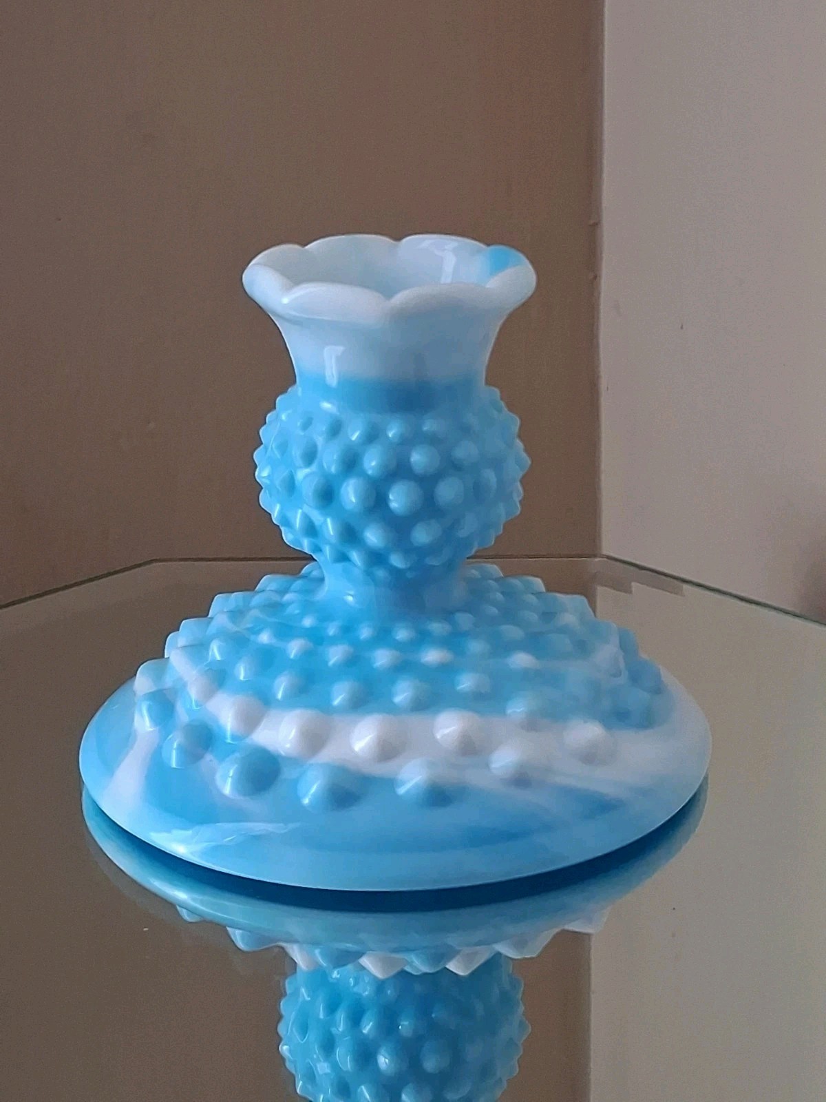 Vintage Fenton Set Of 2 Blue White Swirl Hobnail Candlestick Holders MCM