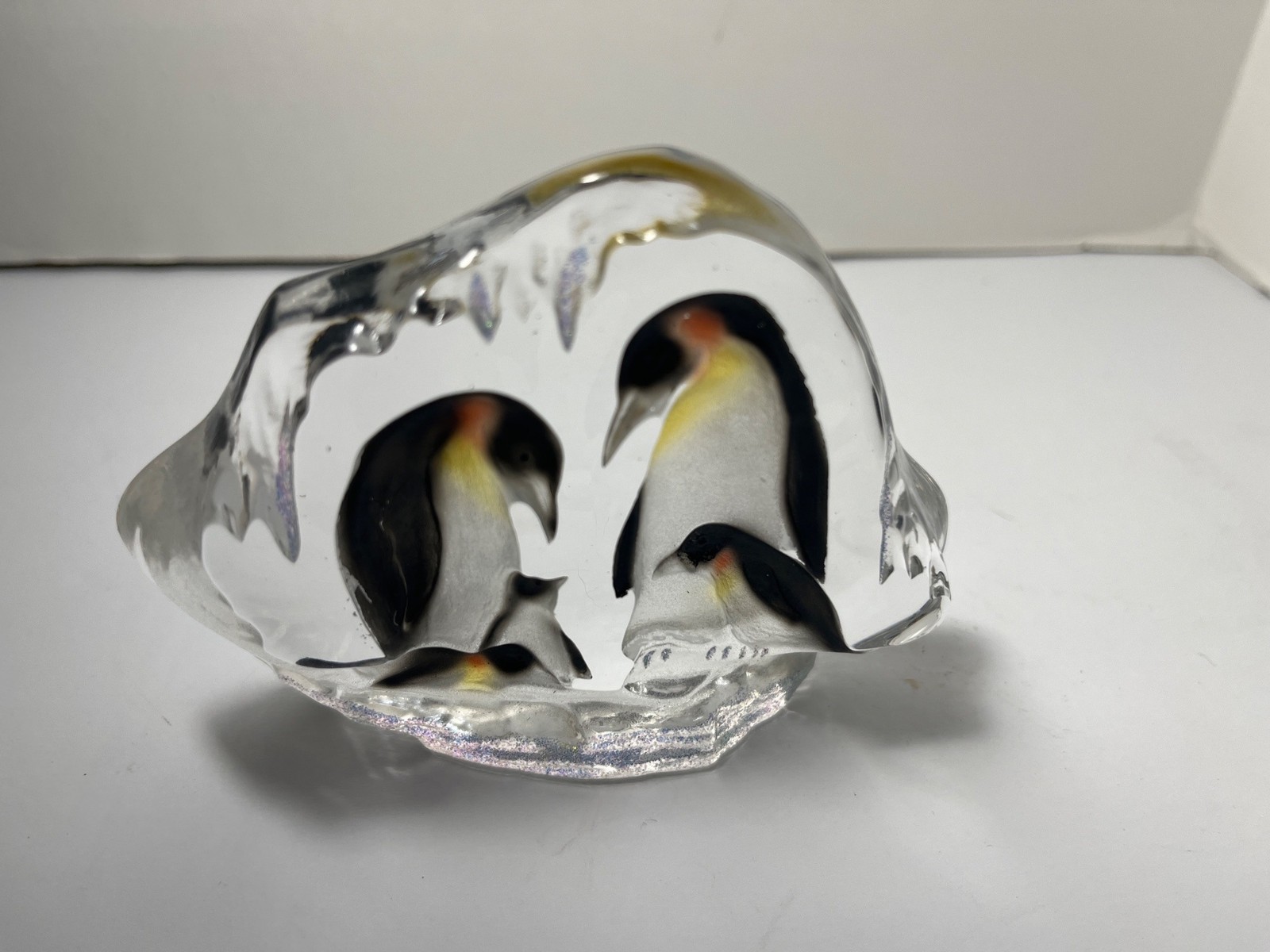 Handcrafted Glass Penguin Family On Iceberg Sculpture Paperweight Intricate