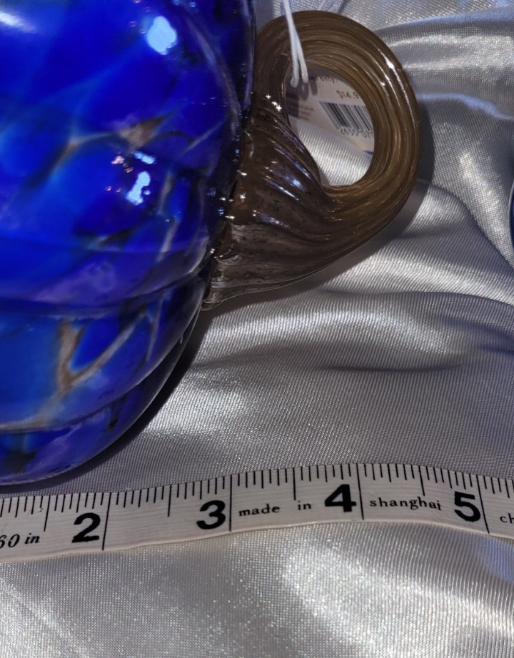 2 Art GLASS BLUE, WHITE & GOLD FALL PUMPKIN FIGUREs TWISTED STEM New