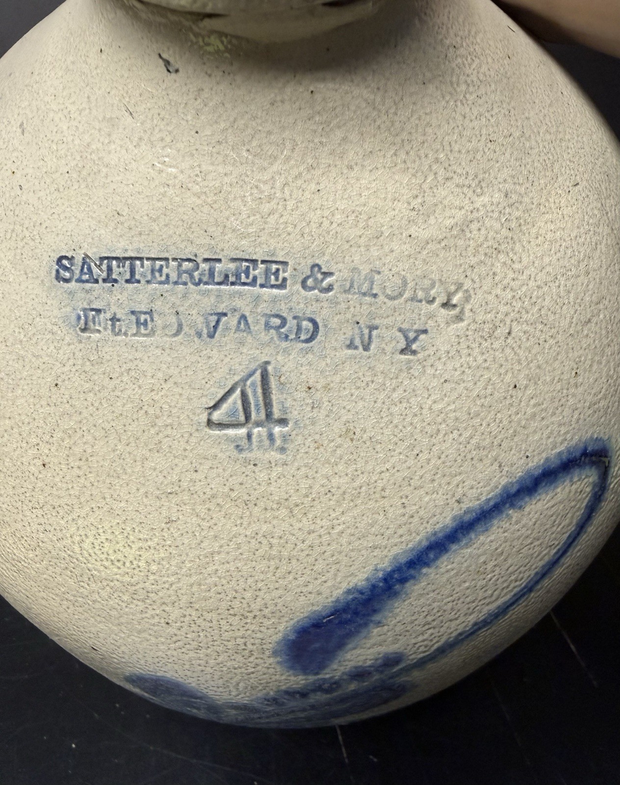 Lg Vintage Stoneware Pottery #4 Jug/Crock Stamped Satterlee & Mory Ft. Edward NY