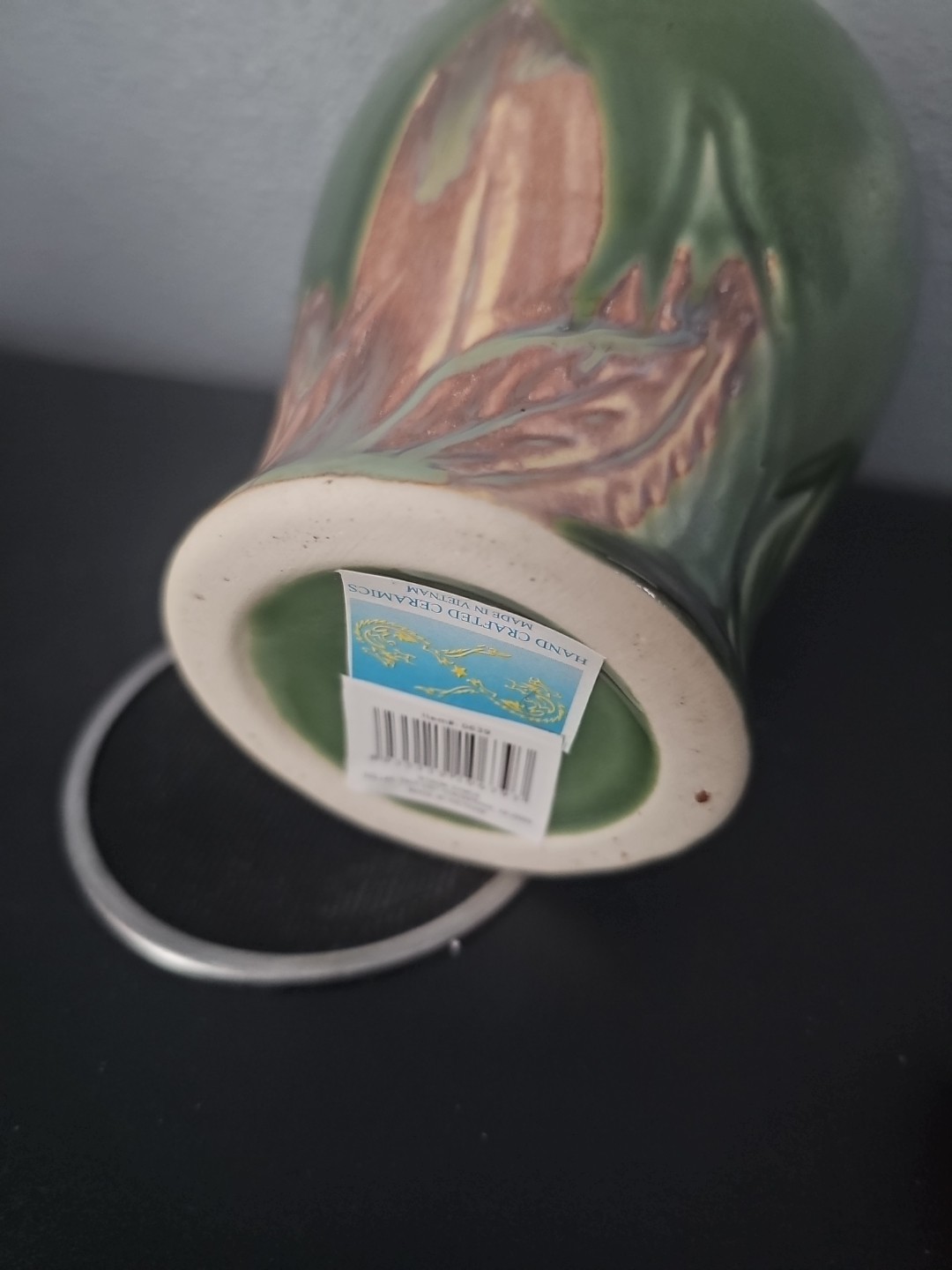 Art Pottery Ceramic Vase Green & Tan 7.0” Hand Crafted in Vietnam
