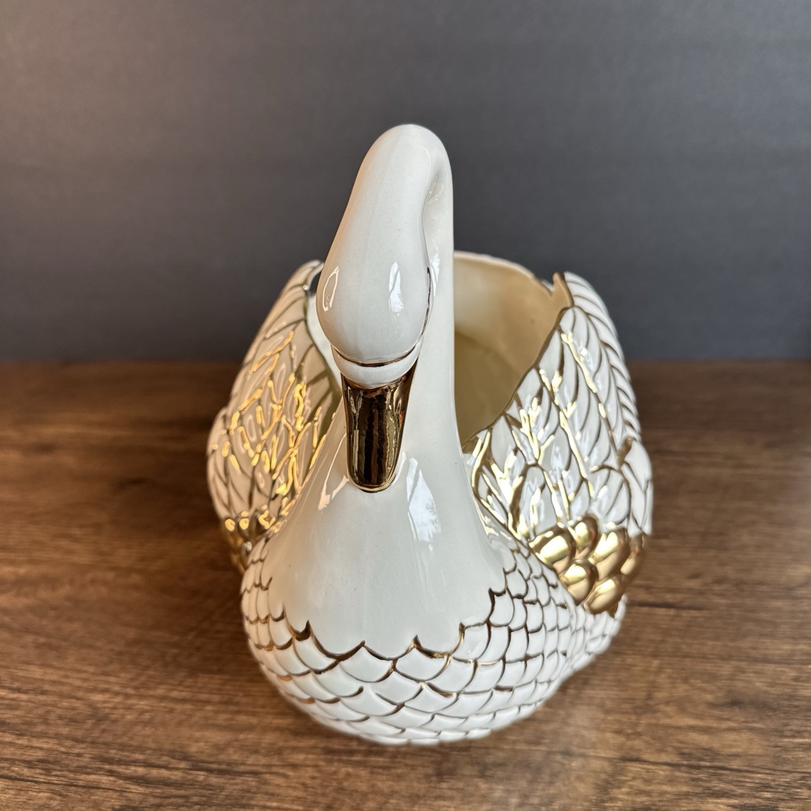 Holland Mold Swan Planter 1978 Cream & Gold Porcelain Pearl Metallic Vase Bowl