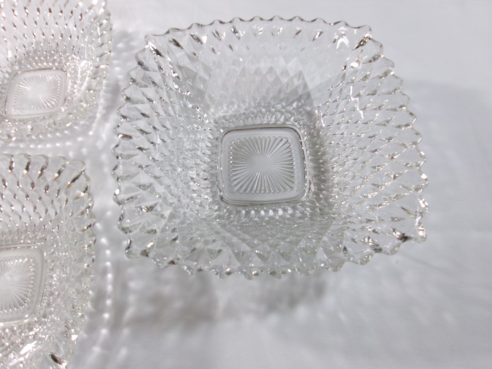 Set Of 3 Vintage Indiana Glass Square Ruffled Diamond Point 2-6 1/4″ & 1-8″