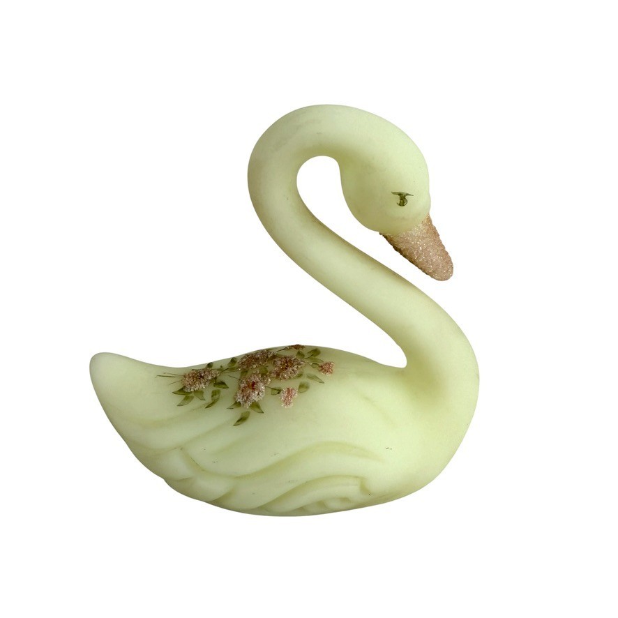 Vintage Fenton Custard Satin Glass Swan Hand Painted Daisies Flowers GLOWS